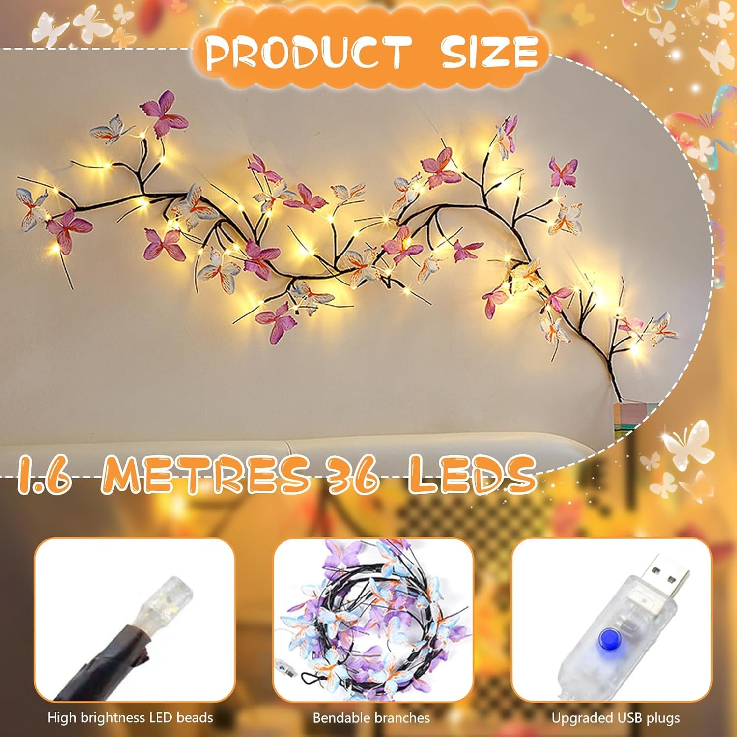 Gresoinc 230 cm 144 LED Schmetterling Blüte Baum Zweige Lichter für Wand, USB-betrieben, 8 Modi, warmweiße Lichterkette mit Fernbedienung, Timer, dimmbar, flexibel, Weidenranke, Blumenmuster