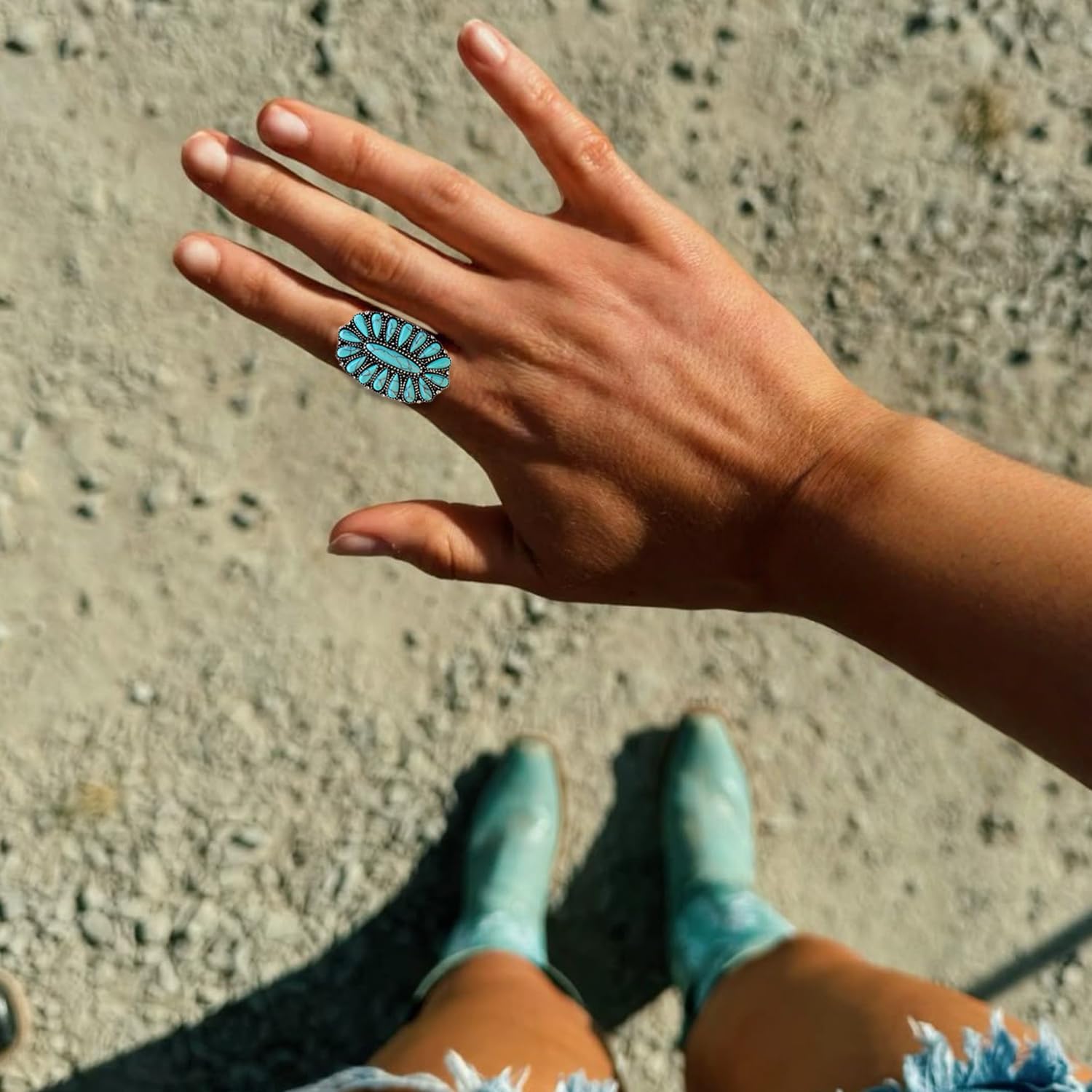 Boho Turquoise Rings for Women, Native American Western Large Bohemian Statement Open Adjustable Rings, Sizes 5-10