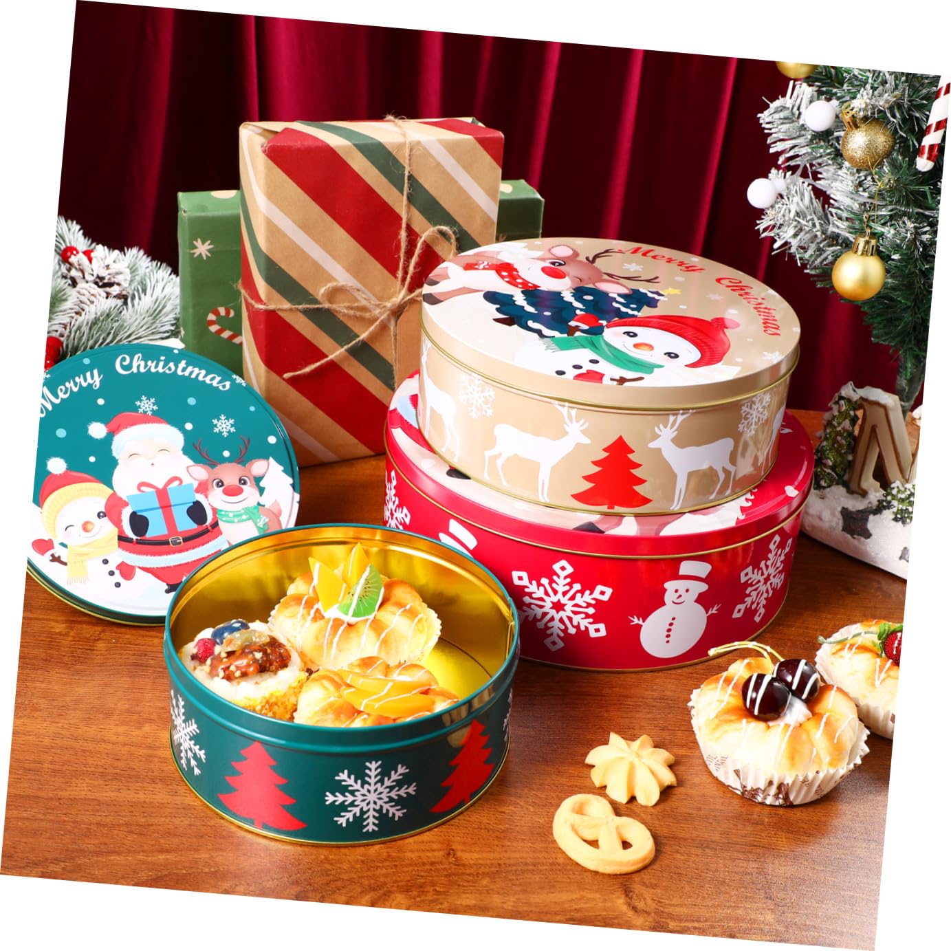YARNOW Lot de 3 Boîtes à Biscuits de Noël Rondes en Métal avec Couvercles, pour Conserver Bonbons, Biscuits, Friandises Et Cadeaux
