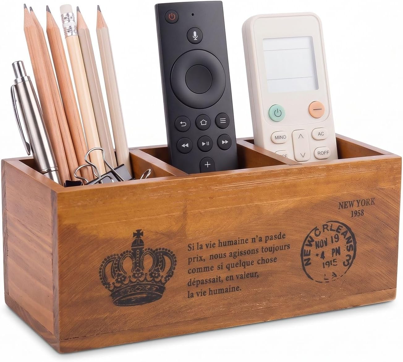 – Flexzion Wood Pencil Holder for Desk, Classic 3-Slot Remote Caddy Organizer