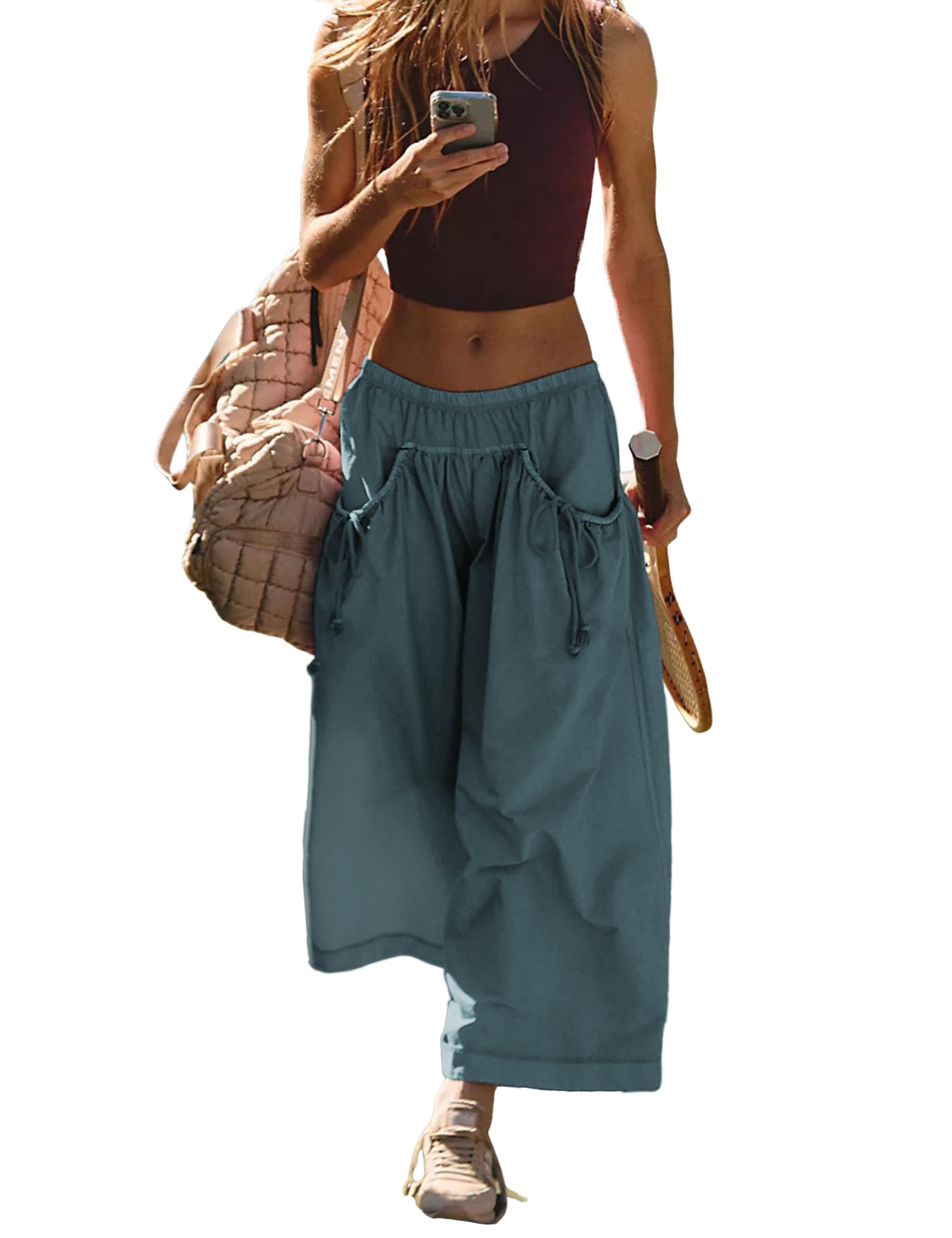 Hooever Womens Loose Wide Leg Track Pants Drawstring Pockets Elastic Waist Capri Hiking Pants