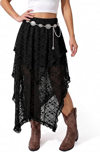 Womens Lace Long Skirts Elastic Western Skirt Asymmetrical Layered Hem Flowy Boho Skirt See-Through Floral Beach Maxi Skirt