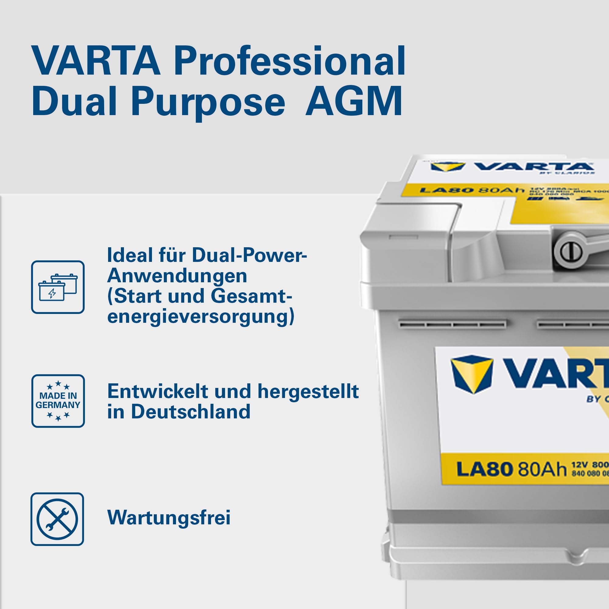 VARTA Professional Dual Purpose AGM (LA80) 12V 80Ah 800A - Nassbatterie für Wohnmobile, Wohnwagen & Boote - Resistente Starter- & Versorgerbatterie hoher Energiebedarf - Bleisäurebatterie wartungsfrei