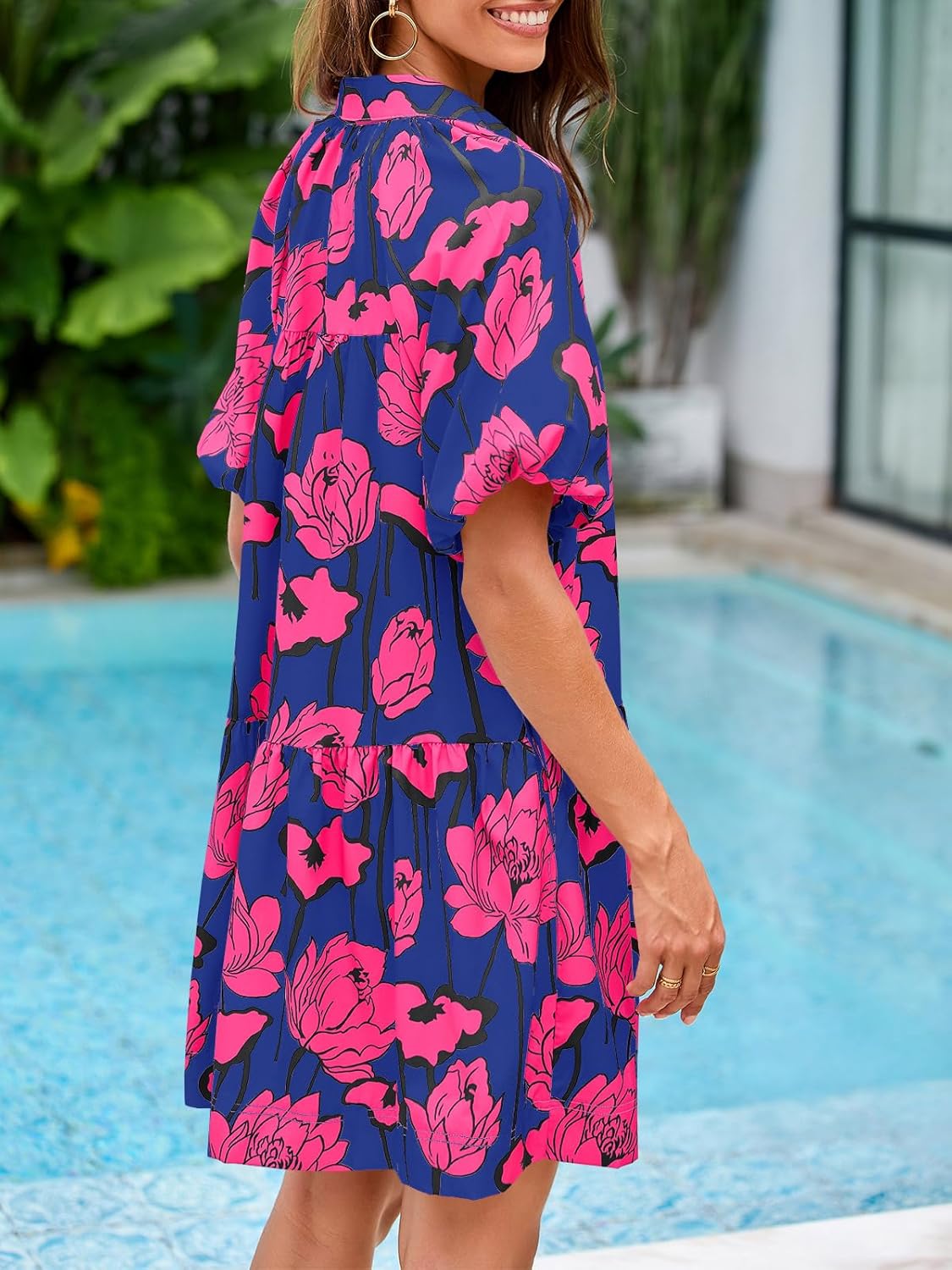 Wenrine Women's Summer Button Down Shirt Dress Floral Puff Short Sleeve Casual Loose Fit Beach Mini Dresses - Image 4