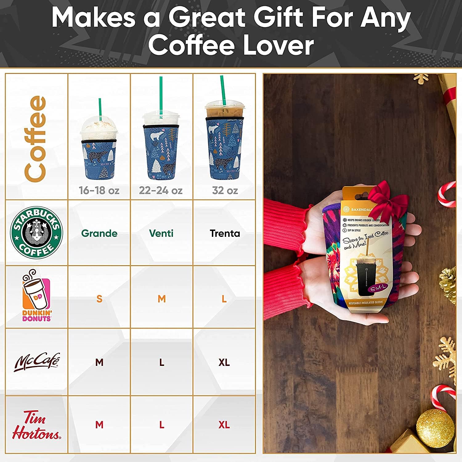 Baxendale Iced Coffee Sleeve for Cold Drink Cups - 3 Pack Neoprene Iced Coffee Sleeve Cup Sleeves for Cold Drinks, Reusable Compatible with Starbucks Dunkin, 4mm-Thick (3 PK S/M/L, Tie Dye Mix): Home & Kitchen