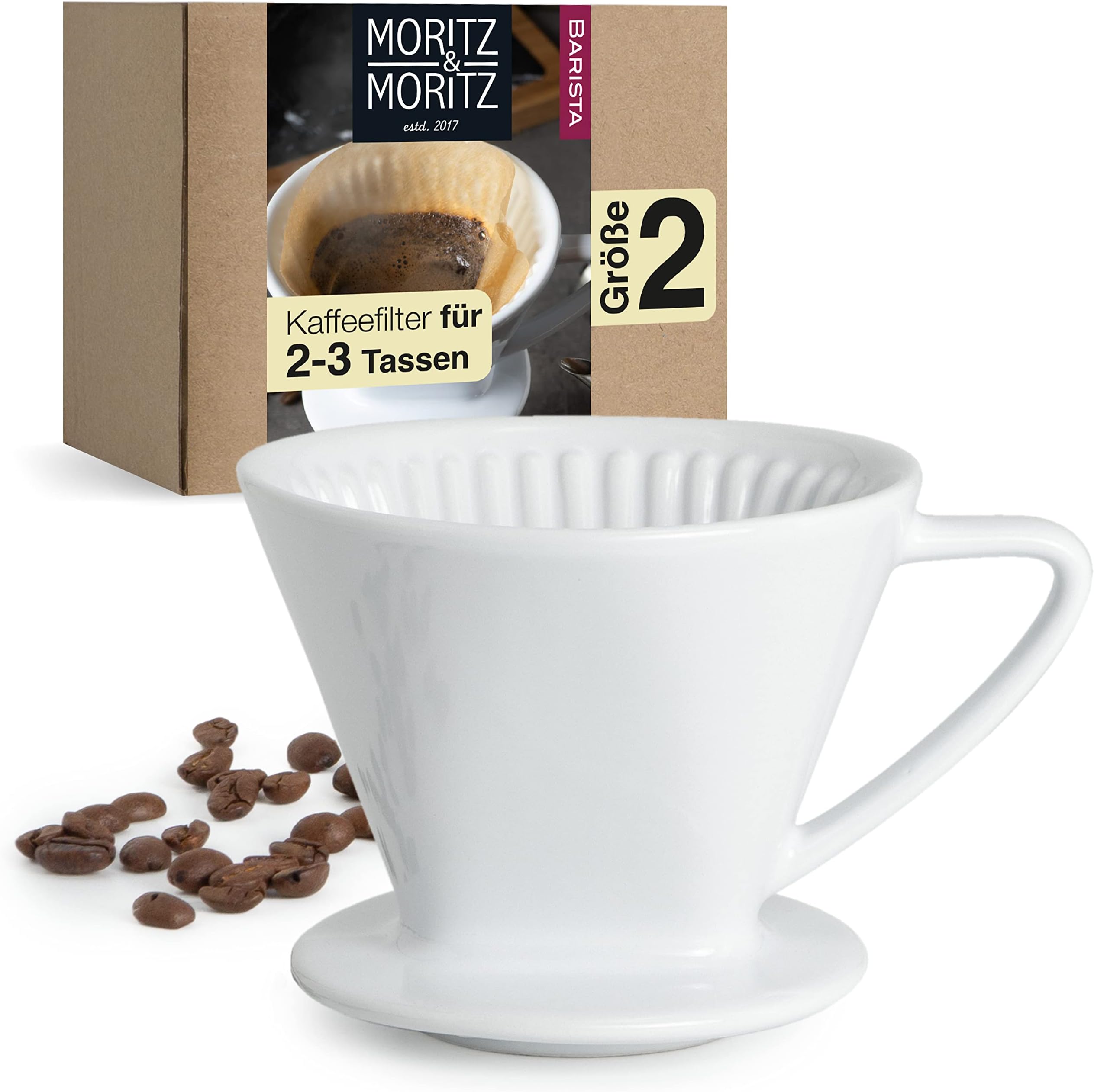 Moritz & Moritz Caffé Italia Coffee Dripper Ceramic Size 2 - Excellent aromatic Coffee Flavour - Coffee Filter for 2-3 Cups - Coffee Filter Cone Porcelain in White