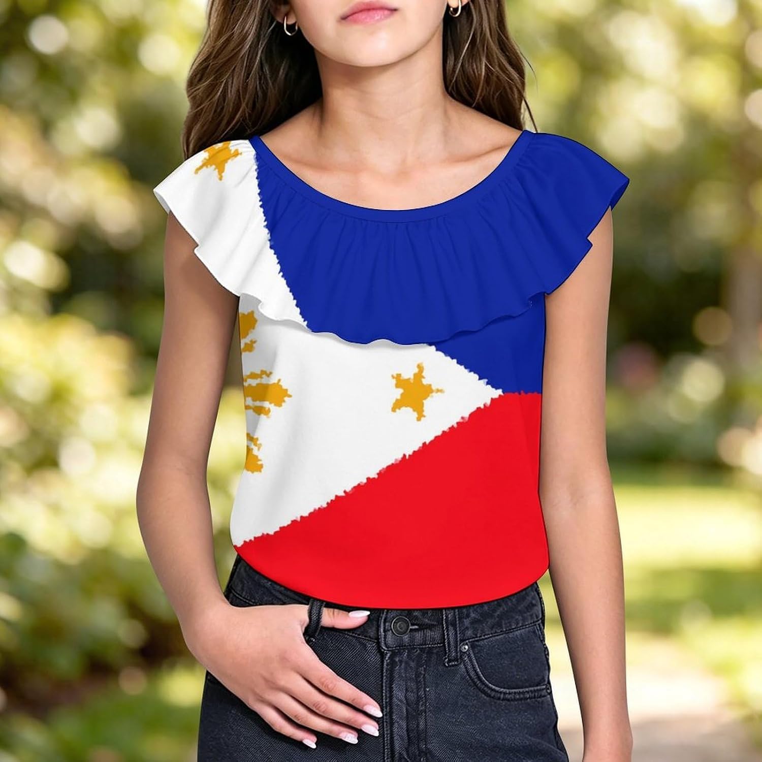 Philippine Flag Girls T-Shirts Top Ruffle Short Sleeve Blouse Casual Graphic Tees