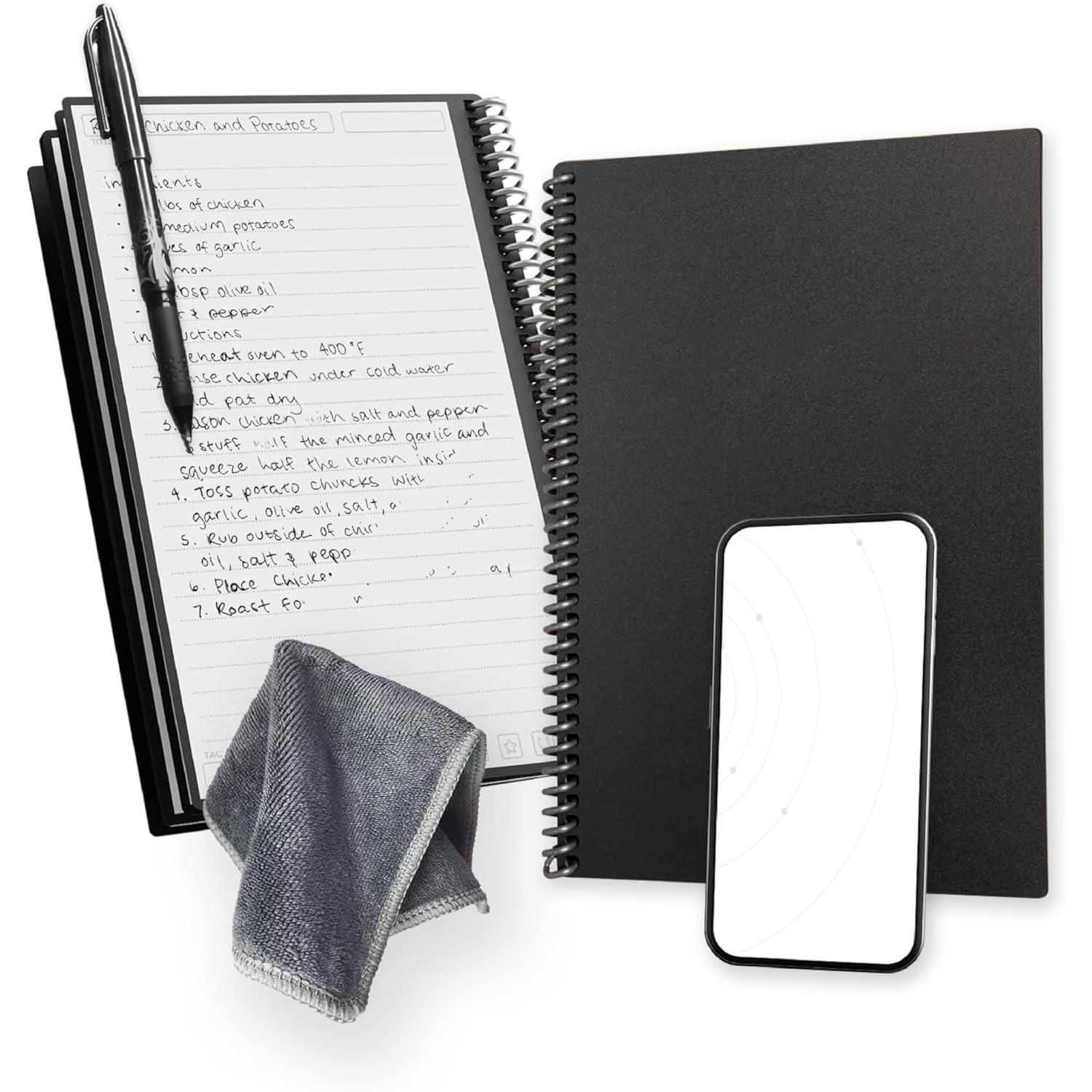 Core Reusable Spiral Notebook, A5 Erasable College Ruled Digital Notebook, 8.5x5.7inch Notepad with App-Connected, Durable Cover, for School, Work, Creative Projects, with Pen, Cloth (Black)