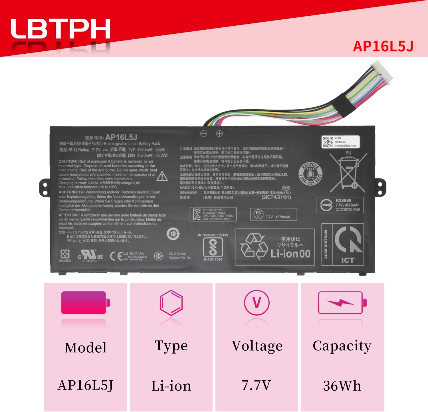 AP16L5J AP16L8J Battery for Acer Swift 5 SF514-52T SF514-52TP-84C9 SF514-52T-526G SF514-53T Chromebook Spin 311 CP311-2H 7.7V 4670mAh 36Wh