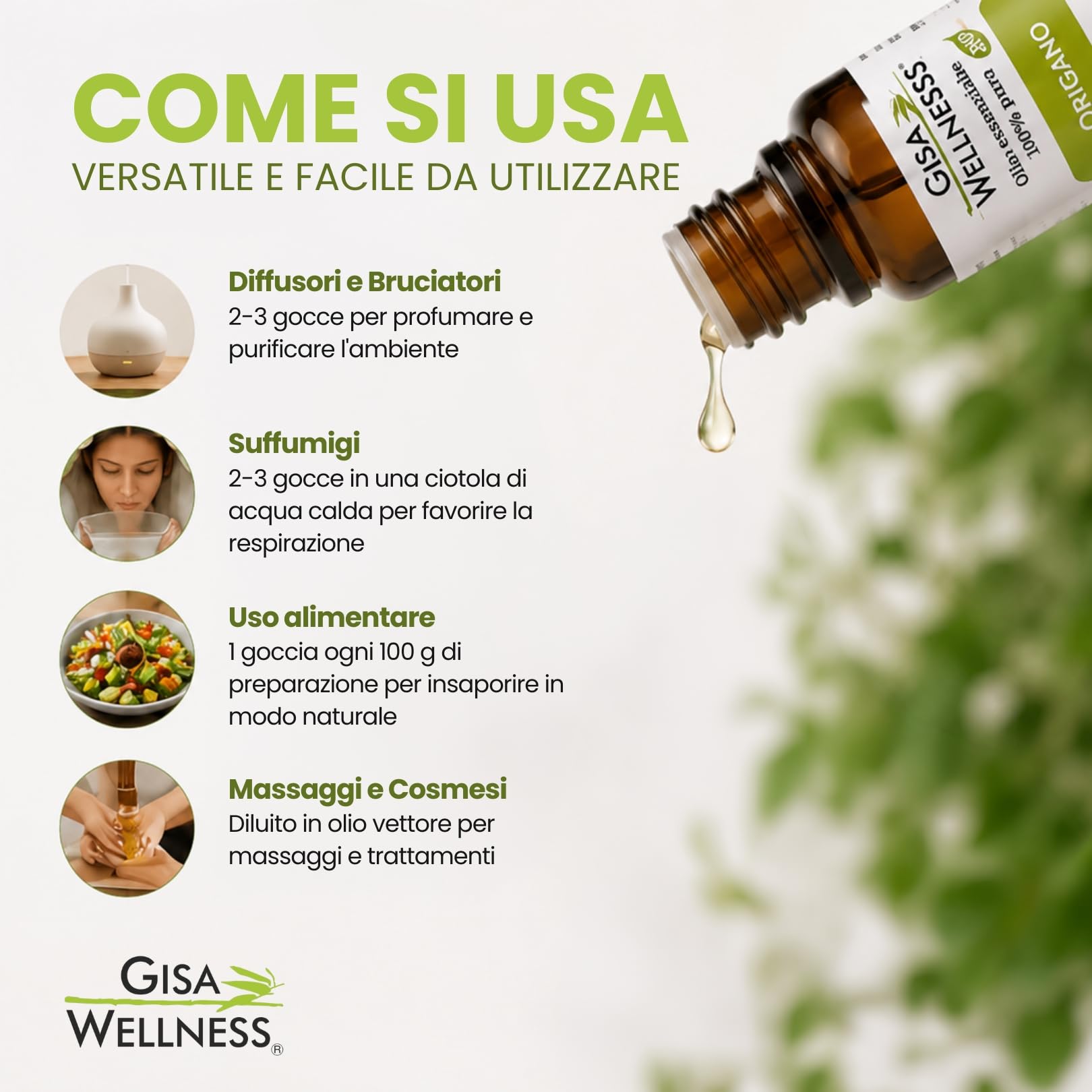 Olio Essenziale di Origano Bio 10ml, Olio di Origano Puro 100% e Naturale per Aromaterapia, Diffusori e Uso Alimentare, Made in Italy Gisa Wellness