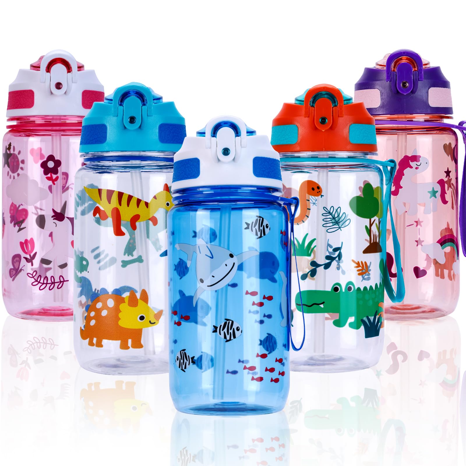 SUPPRUI Water Bottles with Straw & Handle,600ml Drinks Bottle for School,Leakproof Bottle BPA free Sport Bottles (Blue - Sea World)