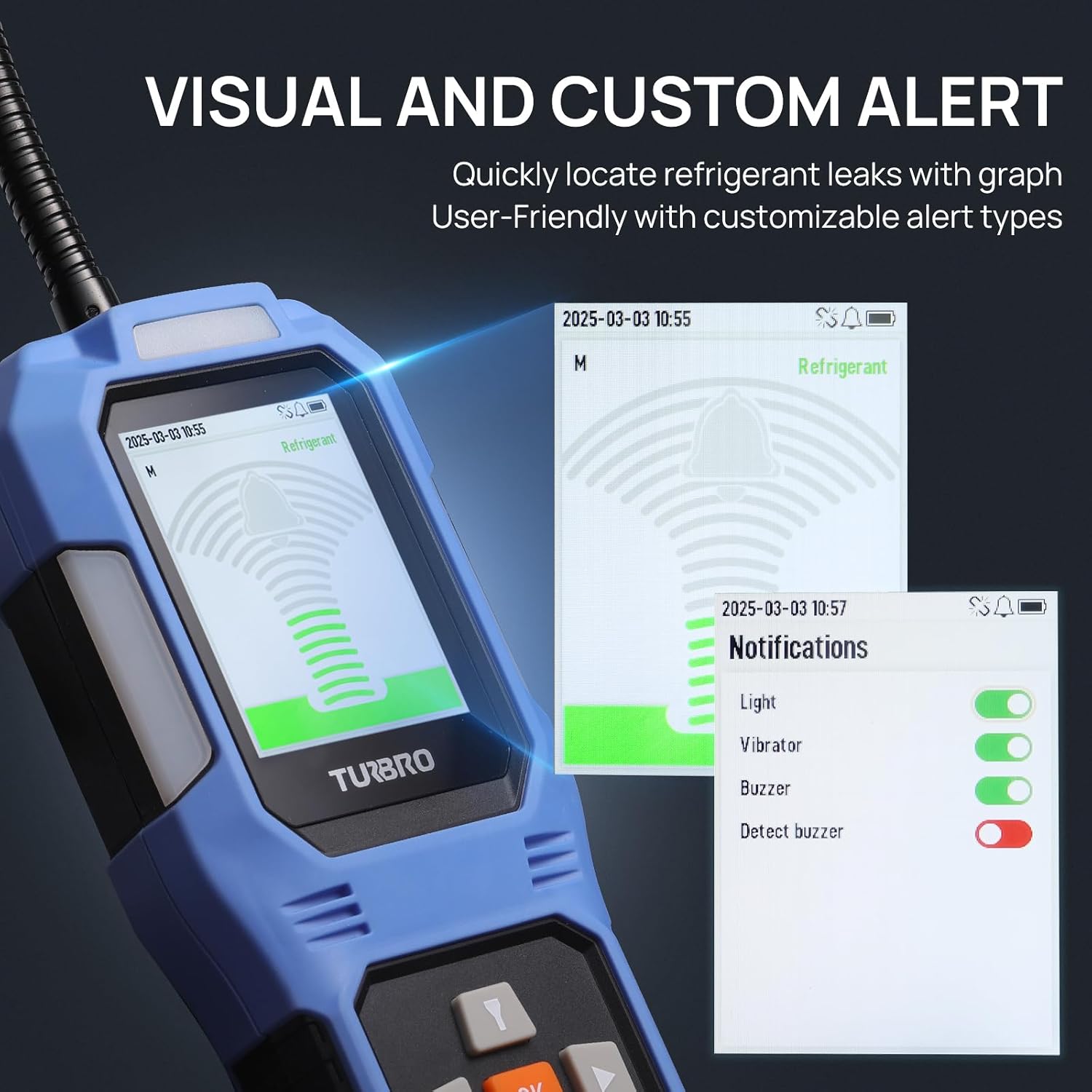 TURBRO Refrigerant Leak Detector with Alarms, Halogen Freon Sniffer with Heated Diode Sensor, Detects CFCs HCFCs HFCs HCs HFOs, for Home and Automotive AC Systems, FLA-BDT20