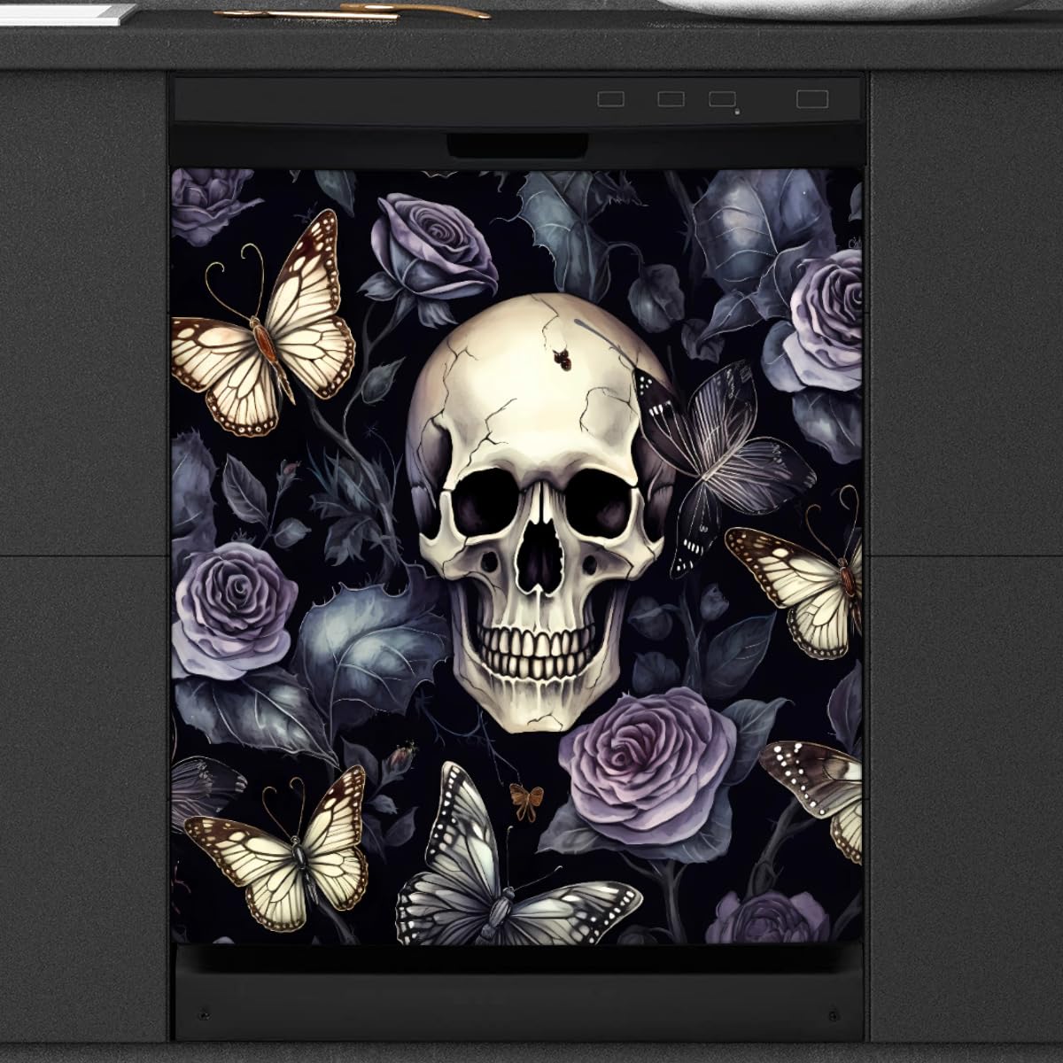 Dishwasher Magnet Cover Retro Skull Rose Butterfly Reusable Dishwasher Magnetic Cover Sticker Decorative Dish Washer Door Cover Panel for Home Kitcen Appliance