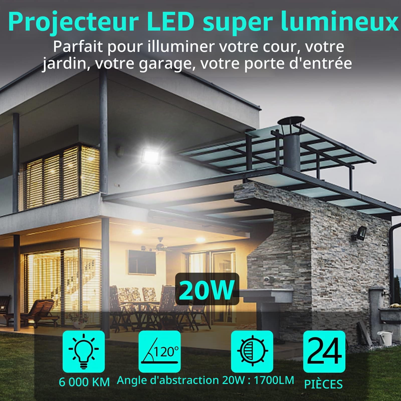 Projecteur LED Exterieur, 5PCS 20W Lampe de Sécurité Super Lumineux 1700LM 6000K Blanc Froid, IP66 Etanche Projecteur de Paysage Extérieur pour Garage Cour Patio (Sans prise)