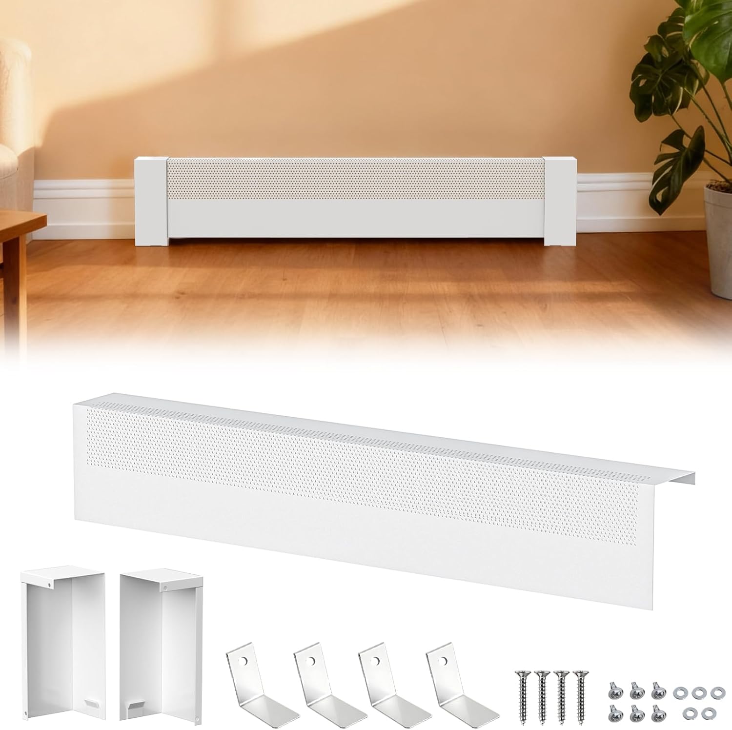 3FT Baseboard Heater Cover, Galvanized Steel Decorative Baseboard Heater Covers with End Caps, Easy Slip-On Baseboard Covers for Heaters, Fits Hydronic & Electric Systems