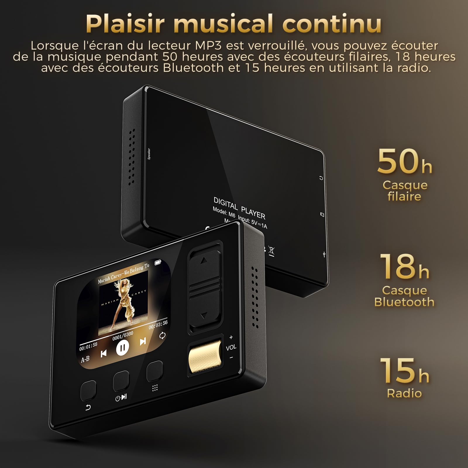 Lecteur MP3 avec Bluetooth 5.3, Lecteur MP3 Diofox HiFi avec Haut-Parleur, 32 Go de Stockage, 6 Styles de Musique, égaliseur, Radio FM, Carte TF jusqu'à 128 Go, Lecteur de Musique Portable Noir