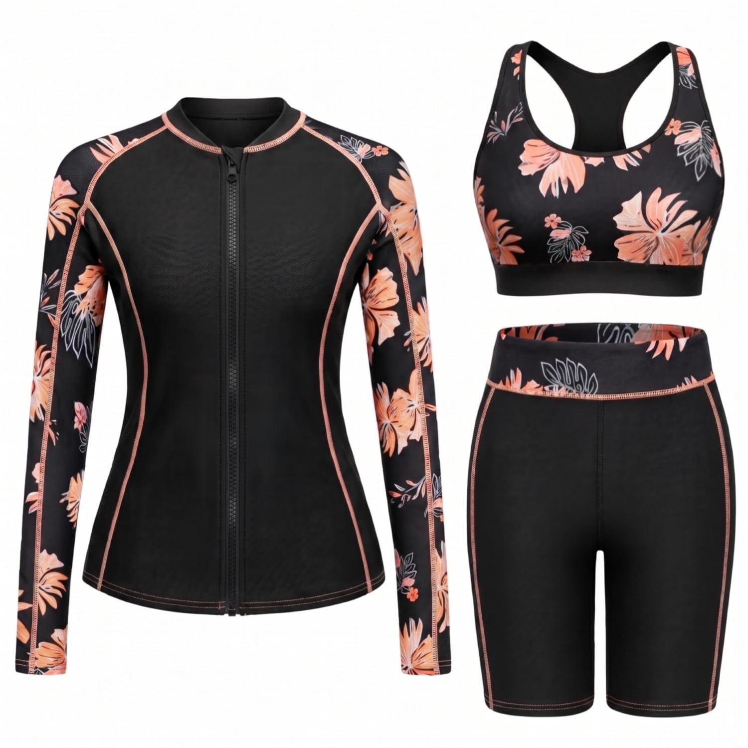 Women 3 Piece Rash Guard Long Sleeve with 7 Inch Shorts