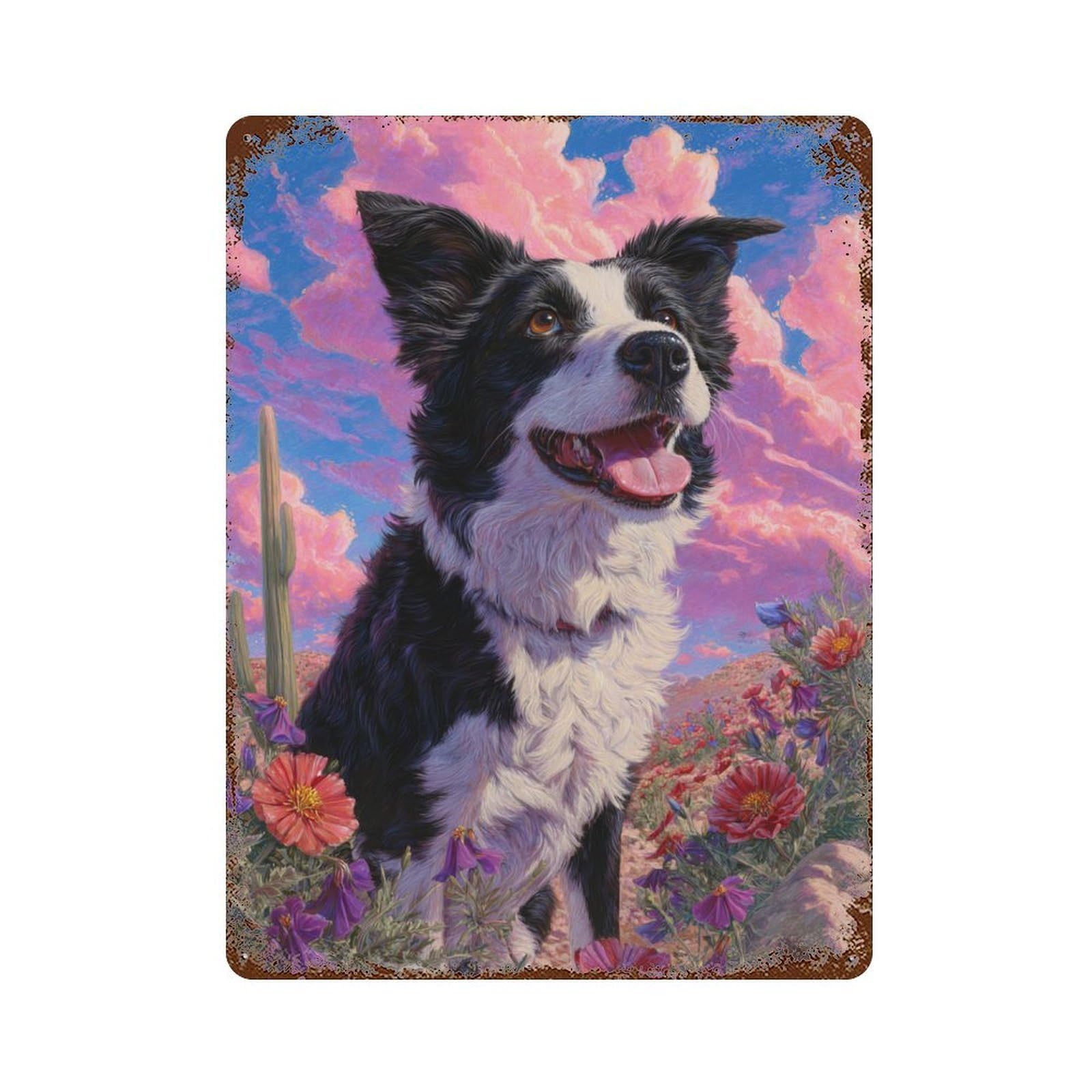 Border Collie in Wildflowers -1 15.7"x11.8" Decorative Tin Sign, Retro Wall Decor for Bistro, Counter And Cafe Decor