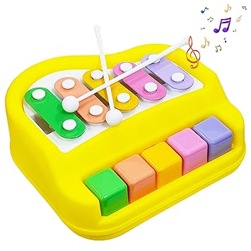 VGRASSP 2 in 1 Small Xylophone and Piano Toy for Kids with Colorful Keys and Drum Sticks - Musical Instrument Toy for Baby and Toddlers - Yellow - image, photos