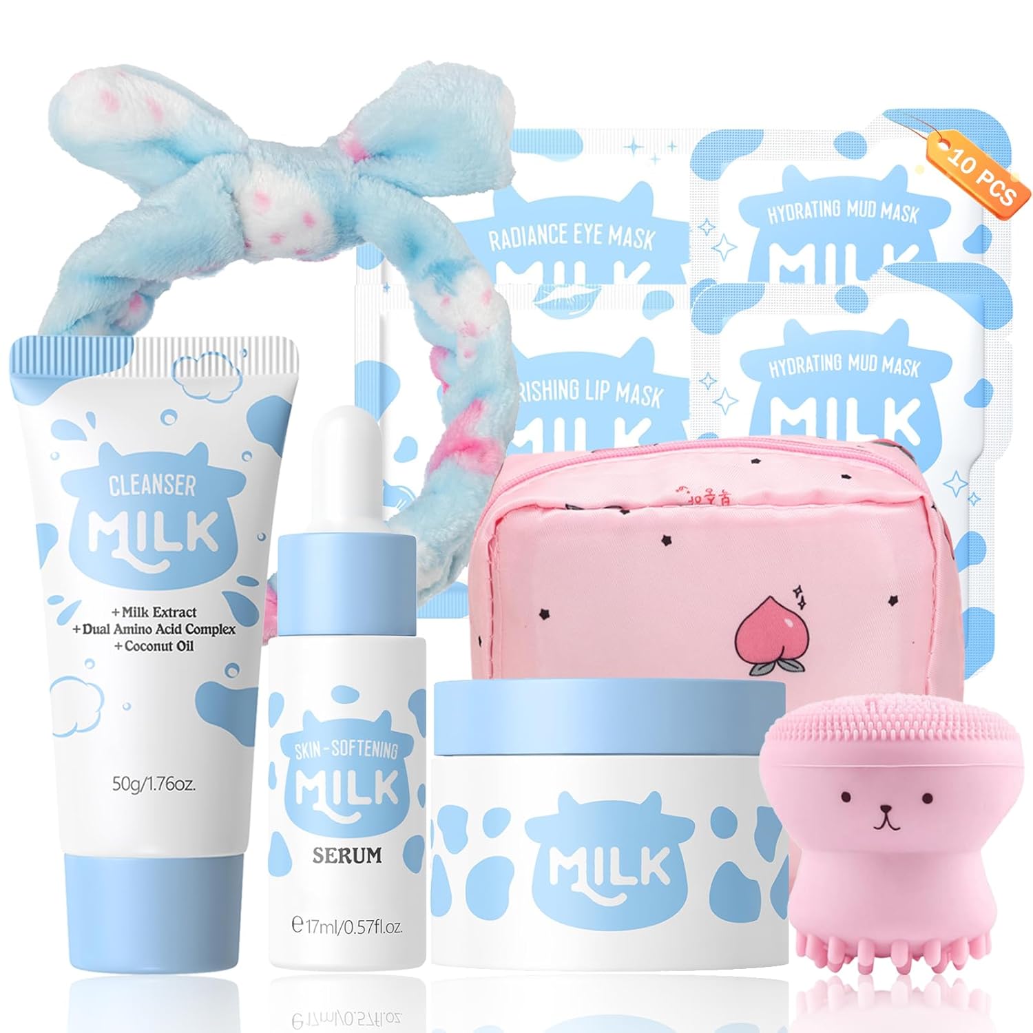 Milk Skincare for Kids, 10 PCS Teen Skin Care Kit with Cleanser, Serum, Cream, Masks, Skin Care for Teens 10-12, Hydrating Travel Skincare Sets, Christmas Gifts for Teenage Girls & Tweens (Milk)