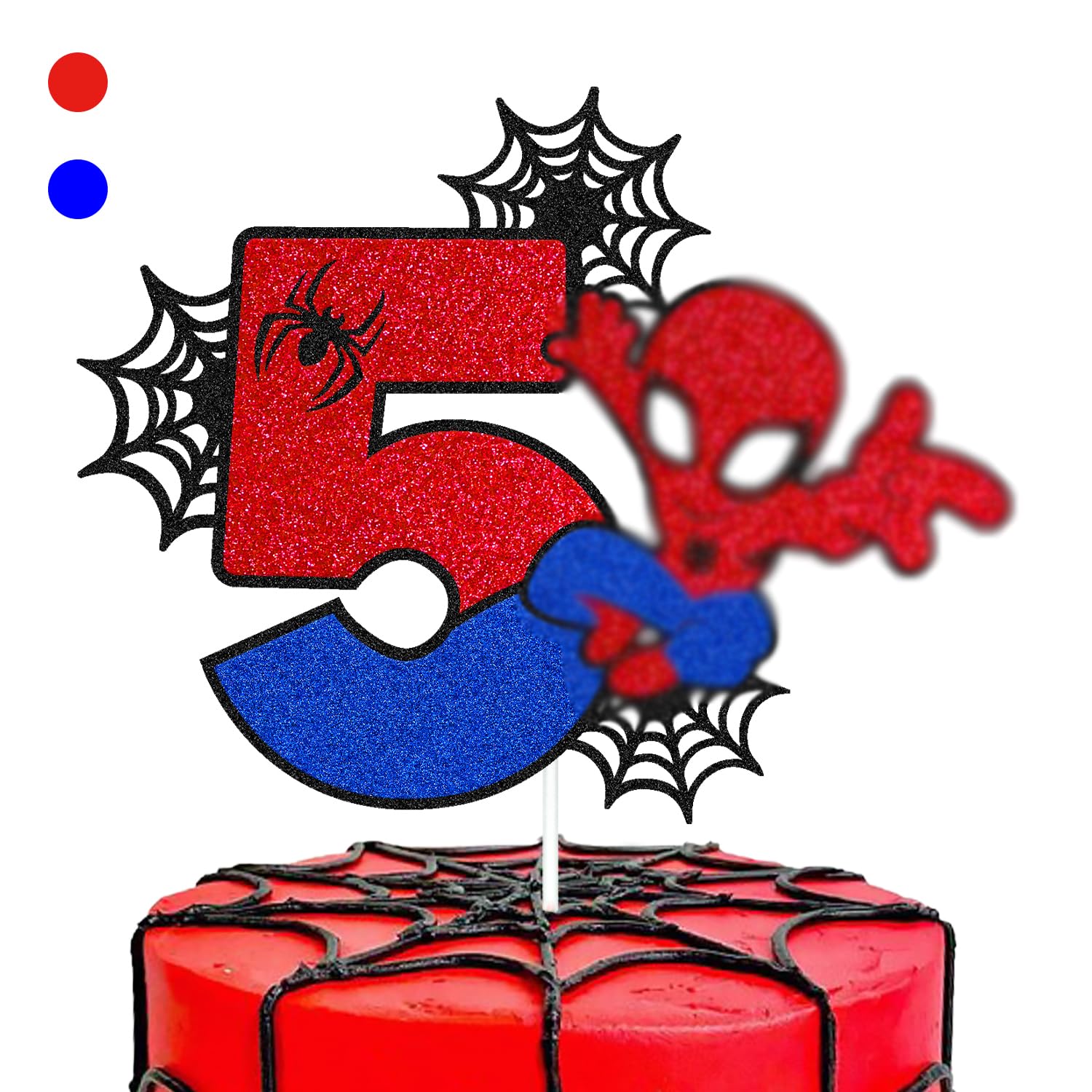 Spider 5th Birthday Cake Topper Spider Happy 5s Birthday Cake Decorations for Men Boy Children Bday Party Supplies Double Sided Glitter Black Décor