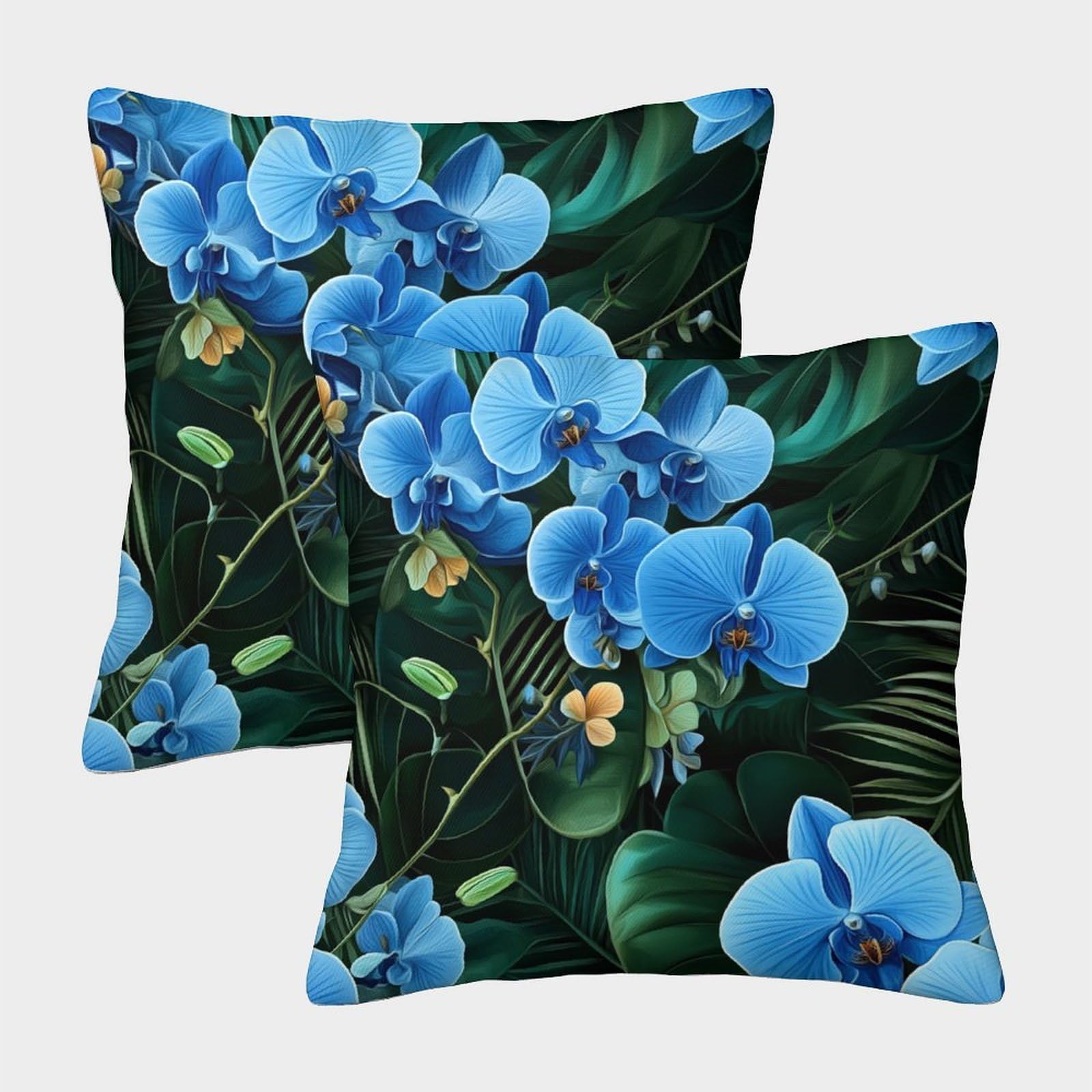 kaiyun 2 Pack Blue Orchid.Green Tropical Leaves Luxury Digital Printed Soft 3D Themed Square Cushion Cover 45x45cm