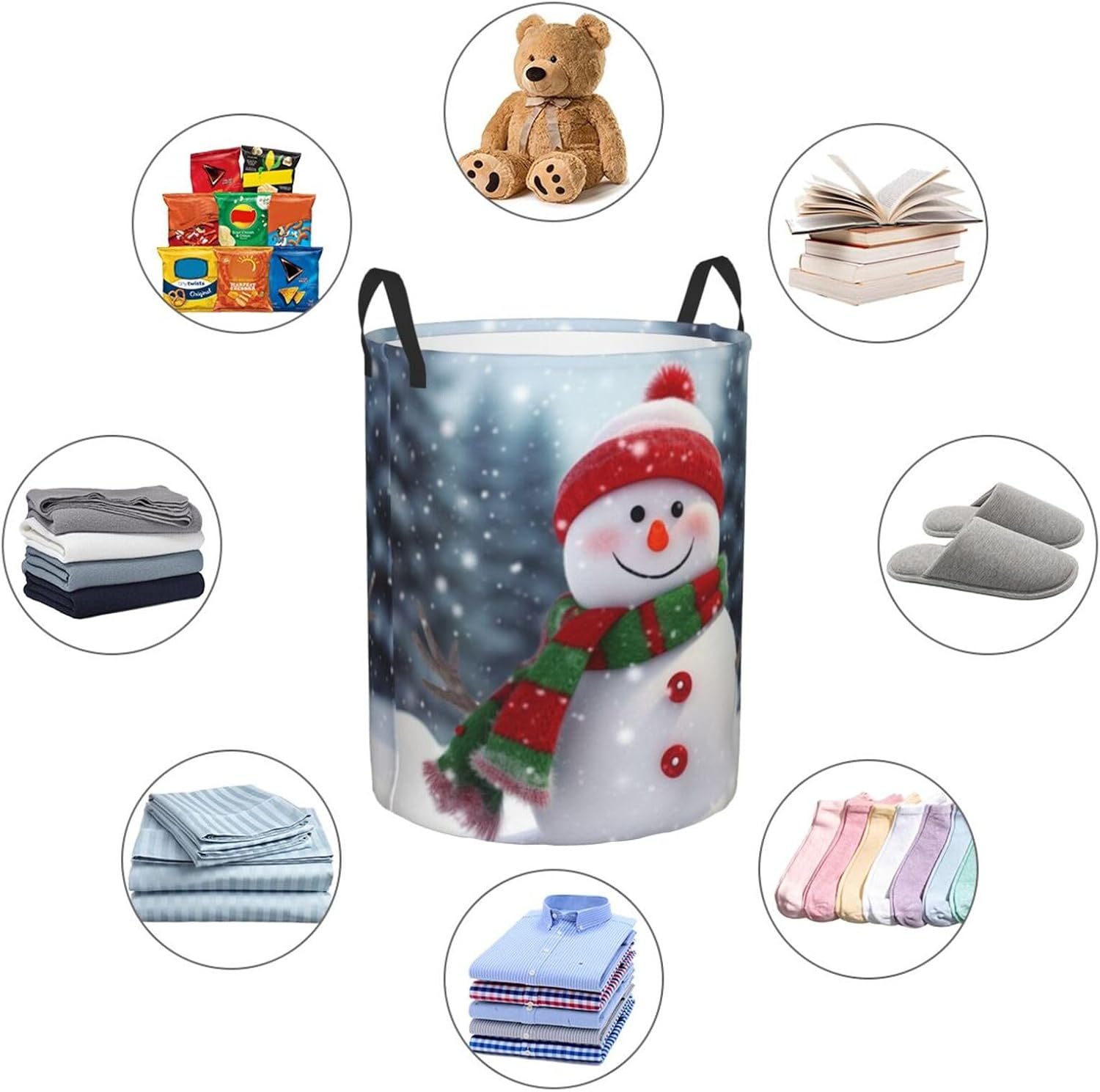 Laundry Basket, Merry Christmas With Happy Snowman Printed Dirty Clothes Basket,Household Dirty Clothes Bag With Handle Open Storage Basket, Small, Black