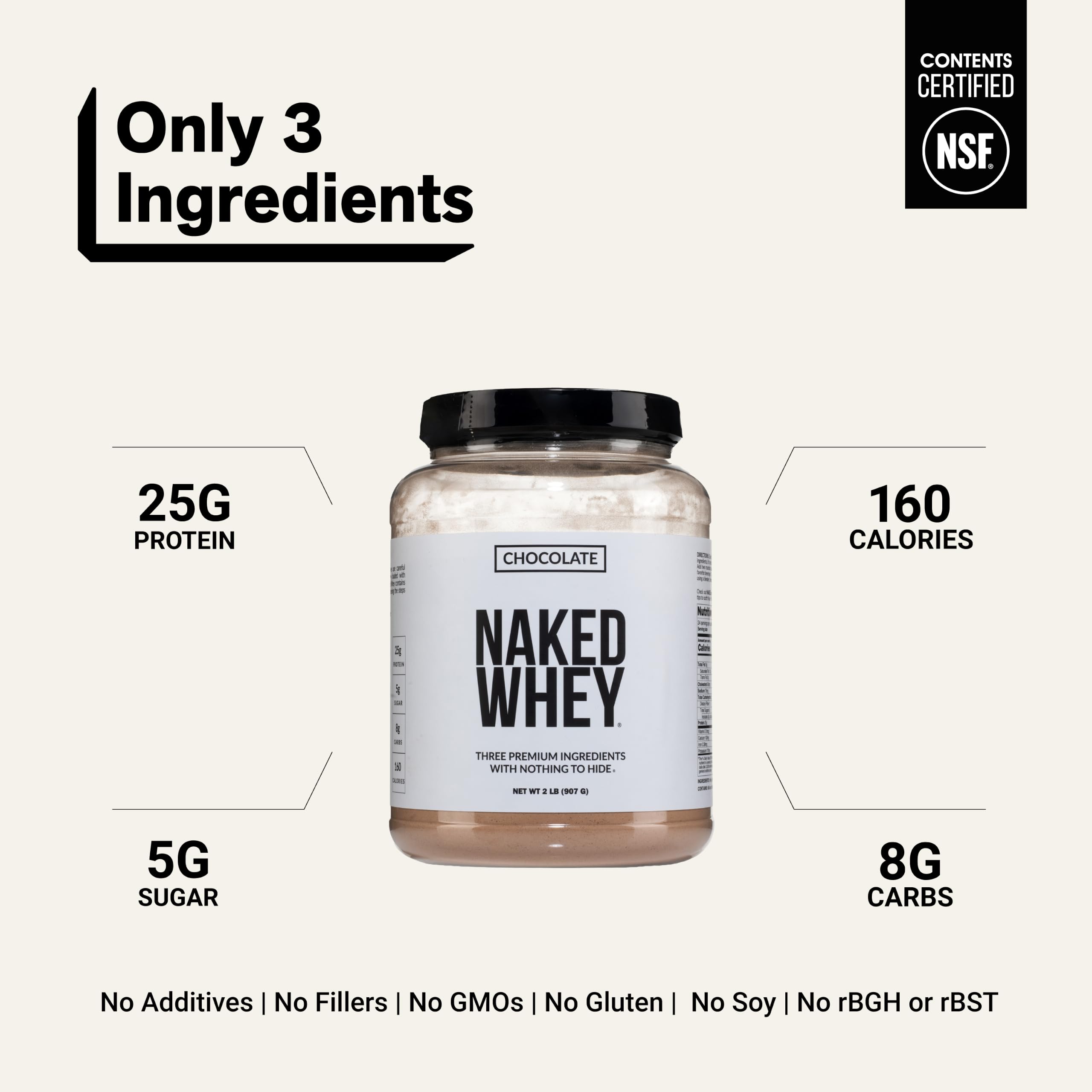 NAKED Whey Chocolate Protein Powder - Only 3 Ingredients - Grass Fed Whey Protein Powder, Organic Chocolate and Organic Coconut Sugar, NSF Certified, No GMO, No Soy, and Gluten Free - 24 Servings — Amazon image 3