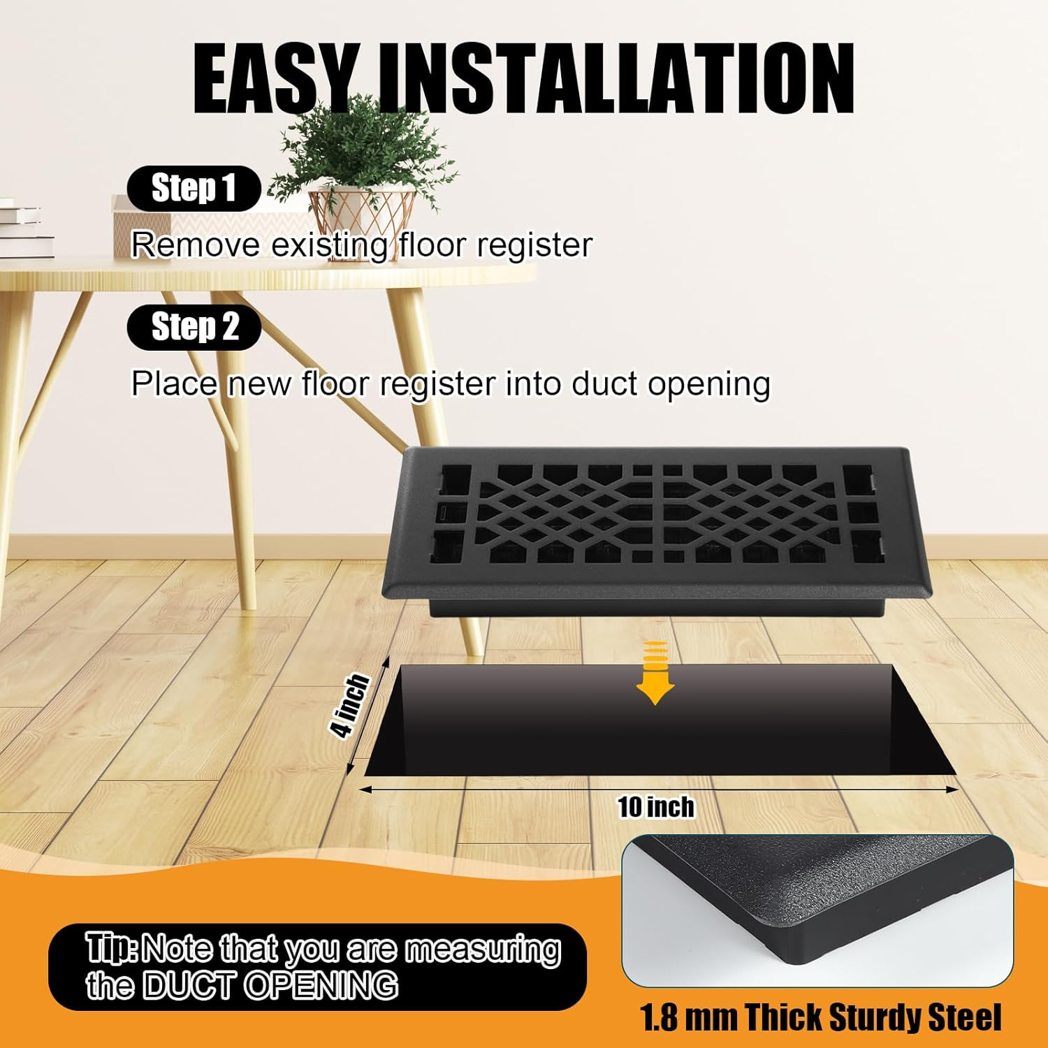 10 Pack 4x10 Inches Heavy Duty Walkable Floor Register, Adjustable Airflow, Tool-Free Installation, Decorative Floor Vent Covers for Home and Shopping Mall, Black