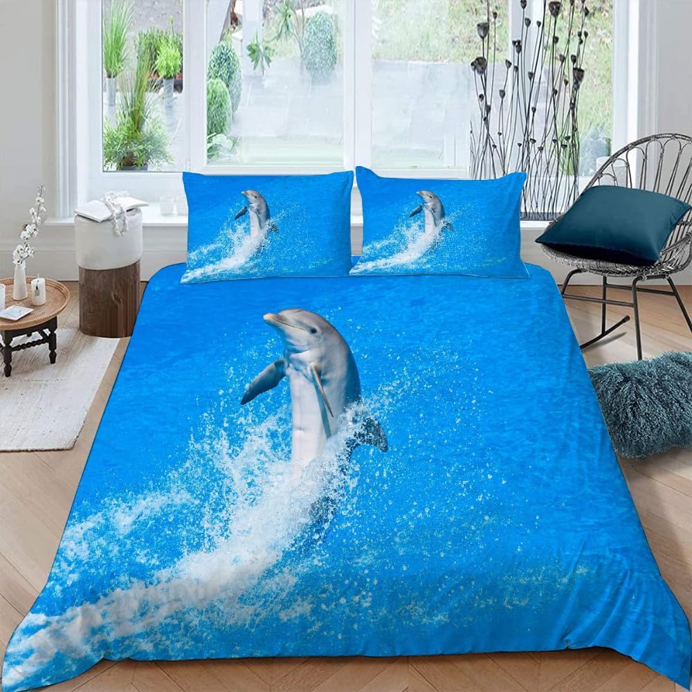 3D Dolphin King Size Duvet Cover Sets Waves Bedding Set Soft Microfibre Quilt Cover 230x220 cm and 2 Pillowcases 50x75 cm G-H881