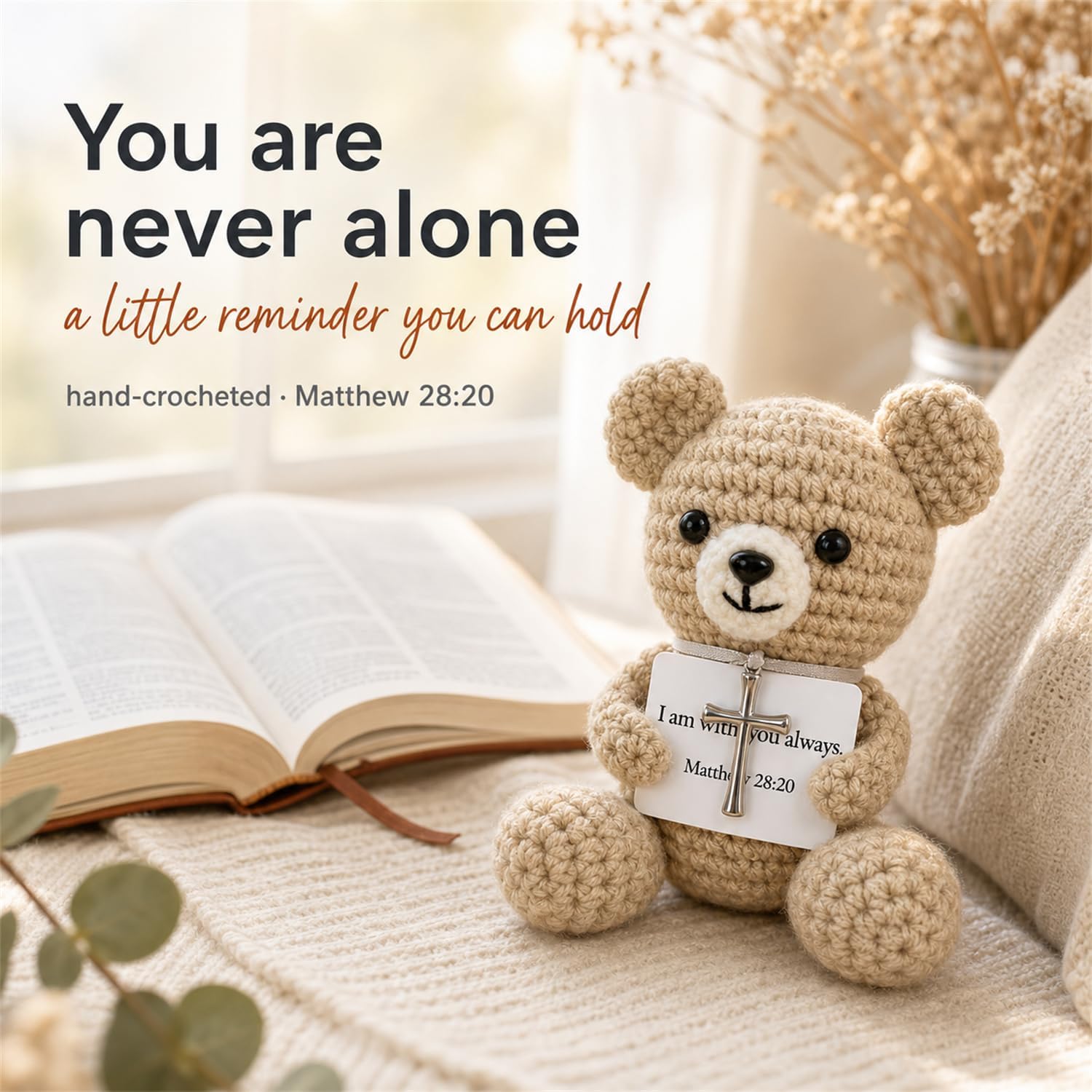 AceList Crochet Prayer Bear with Bible Verse Card, Christian Gift for Women | Faith keepsake featuring silver cross and velvet pouch, emotional support desk decor doll for teen girls, Matthew 28:20