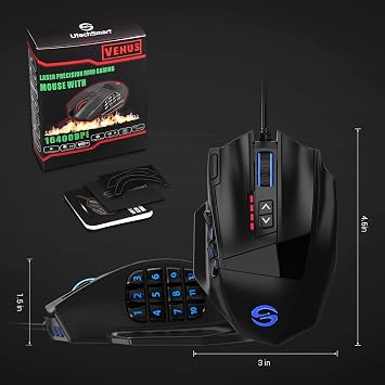 UtechSmart Wired Gaming Mouse with Side Buttons Adjustable up to 16400 DPI High Precision Laser for MMO PC
