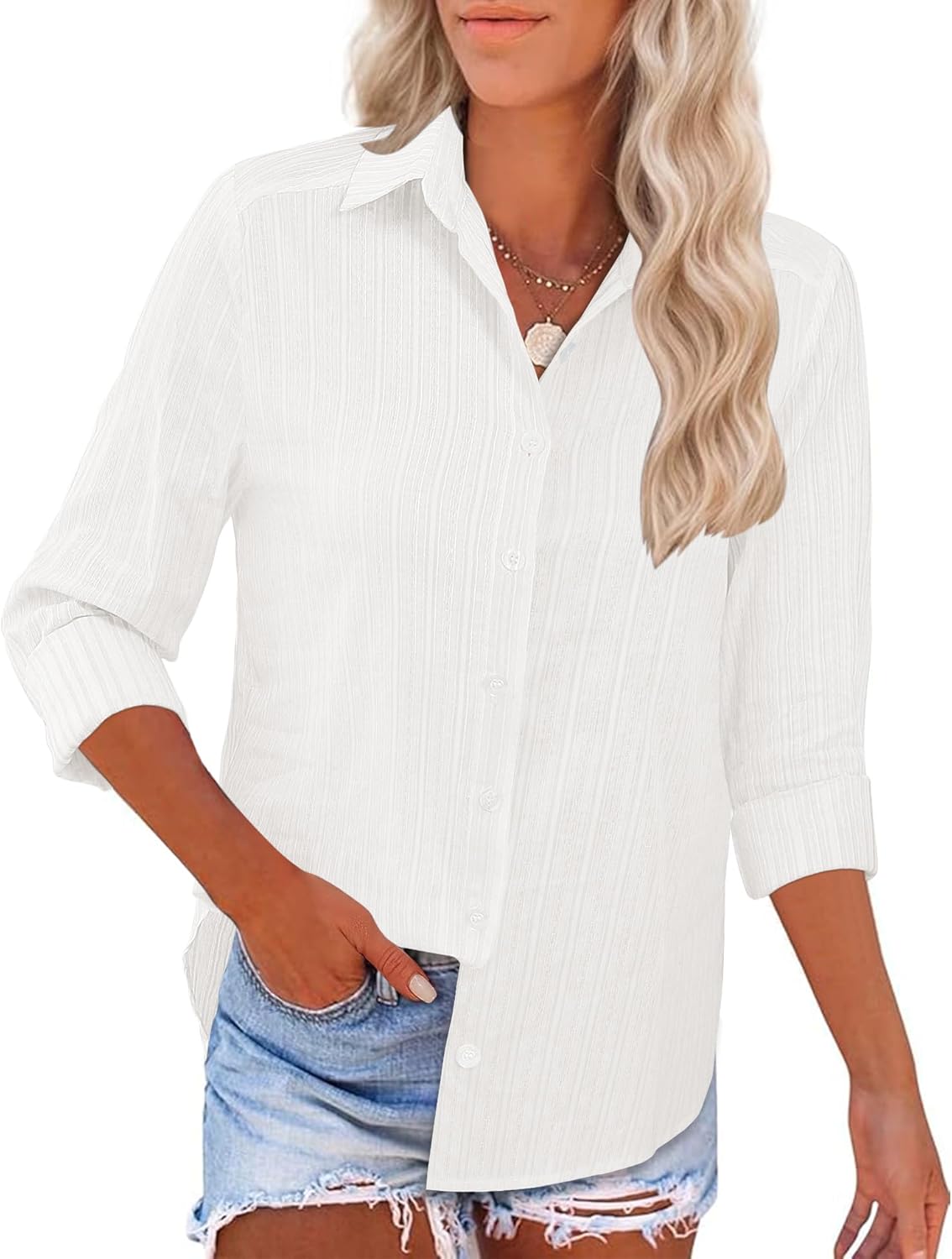 LOMON Womens Long Sleeve Button Down Shirts Casual Loose Fit Cotton Collared Blouses - Image 2