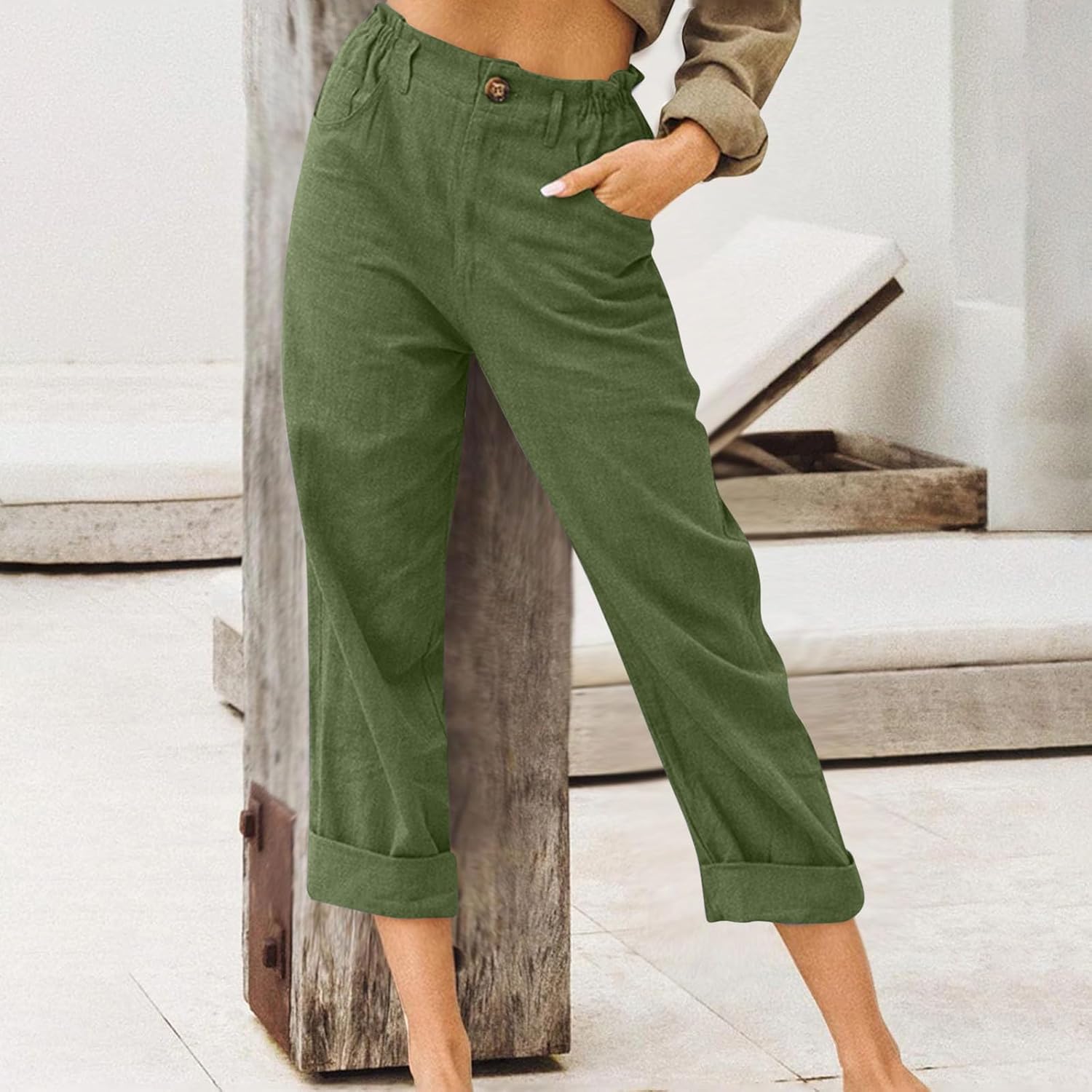 Womens Capris for Summer Cotton Linen Pant Casual 2026 Trendy Loose Comfy Elastic Waist Cropped Trouser Beach Clothes - Image 2