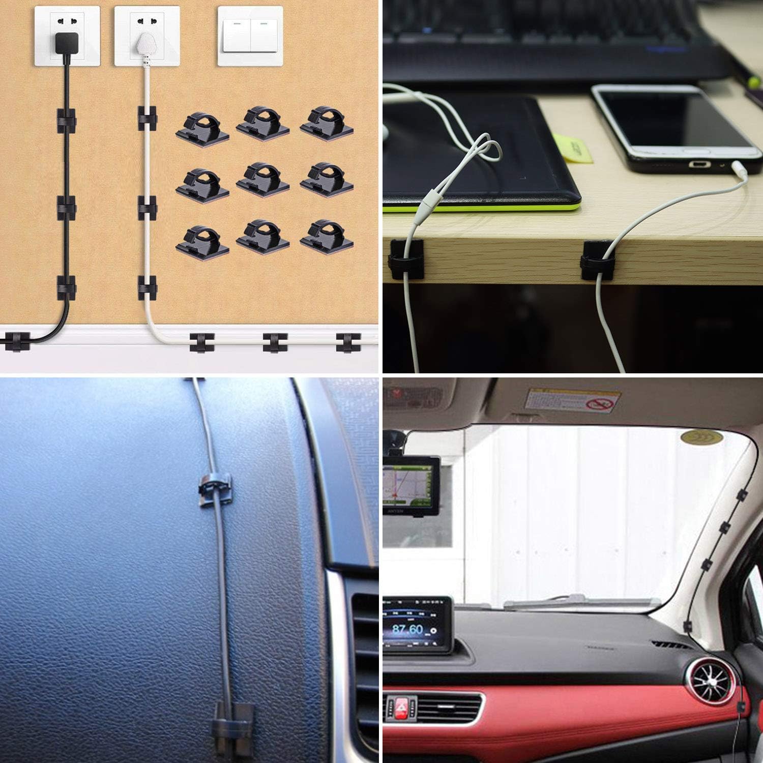 Adhesive Clips Strong Wire Holders 100 Pack Self-Adhesive Wire Clip Cable Cord Desk Management for Office Home and Car