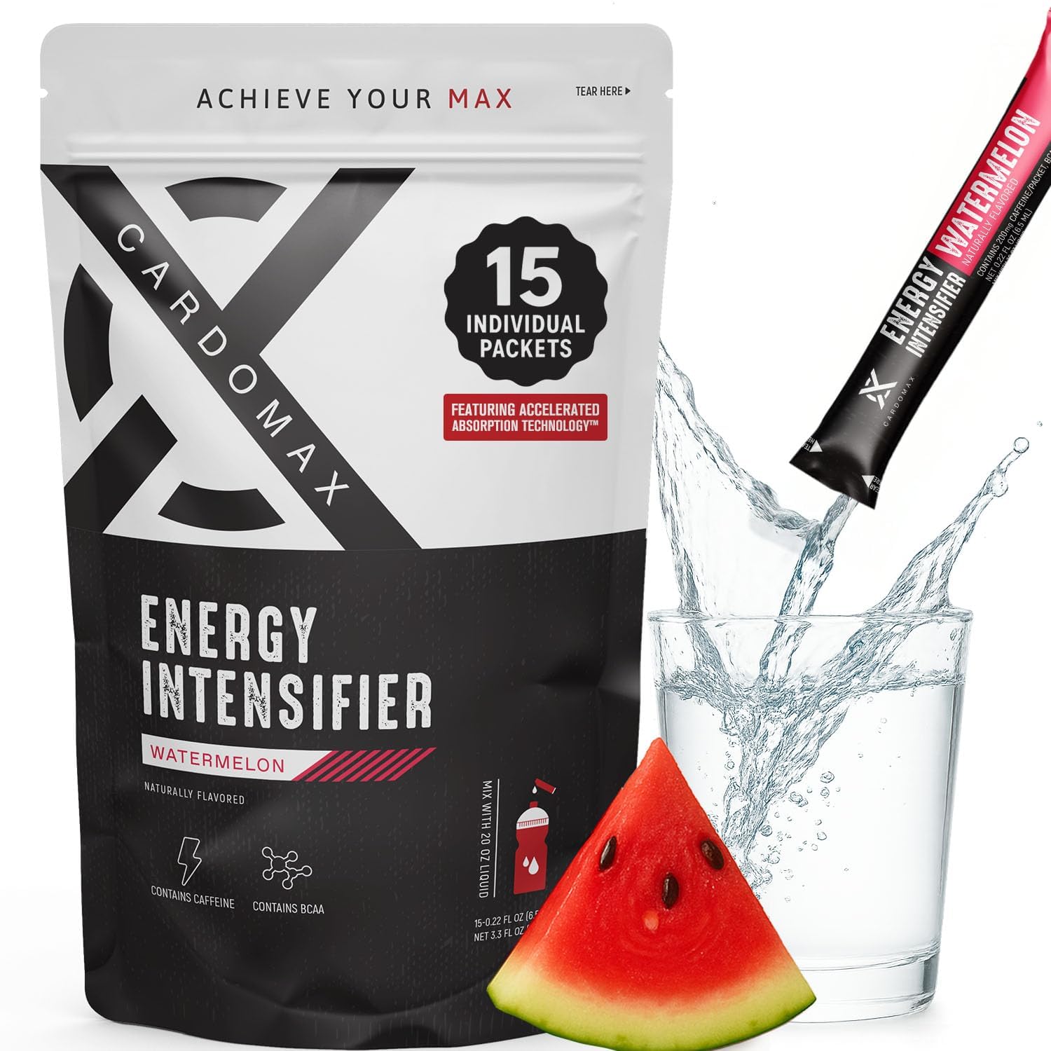 Energy Drink Packets - Liquid Preworkout for Men & Women Caffeine Packets with BCAA, Vitamin B12, Vitamin B6 & B3 - Sugar-Free, Zero Calorie, Vegan & Keto - 15 Stick Packs - Watermelon