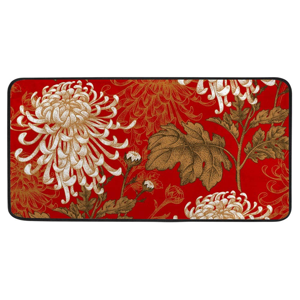 Tapis de cuisine antidérapant pour sol glissant blanc chrysanthème