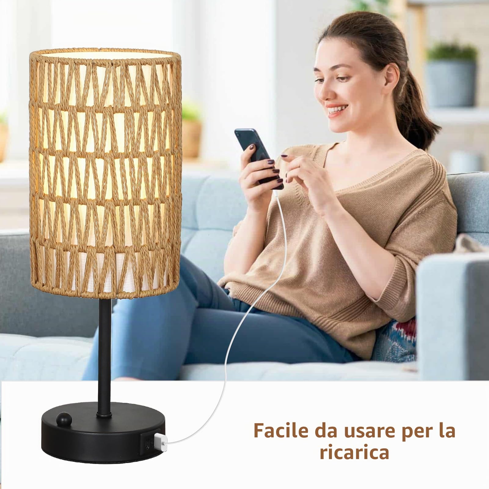 Rayofly Set di 2 Lampade da Comodino, Lampada da Letto Dimmerabile a Tocco con Funzione di Ricarica Porte USB A+C, Lampada da Tavolo Vintage con Paralume in Rattan e Lampadina LED per Camera da Letto