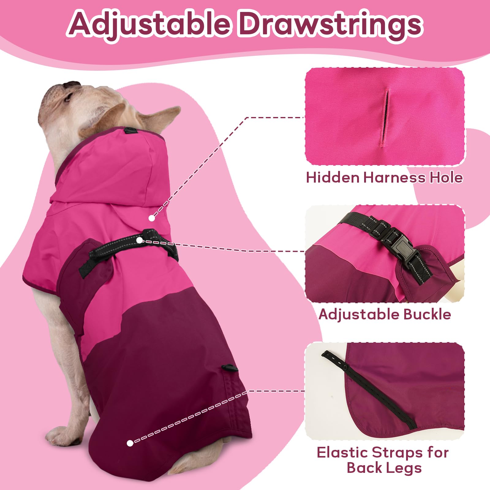 Hunderegenmantel Wasserdicht, Wasserdichter Hundemantel Regenjacke Hunderegenmantel Einstellbare wasserdichte Haustierkleidung Leichte Regenjacke mit Reflektierendem Streifen(Rosenrot, L)