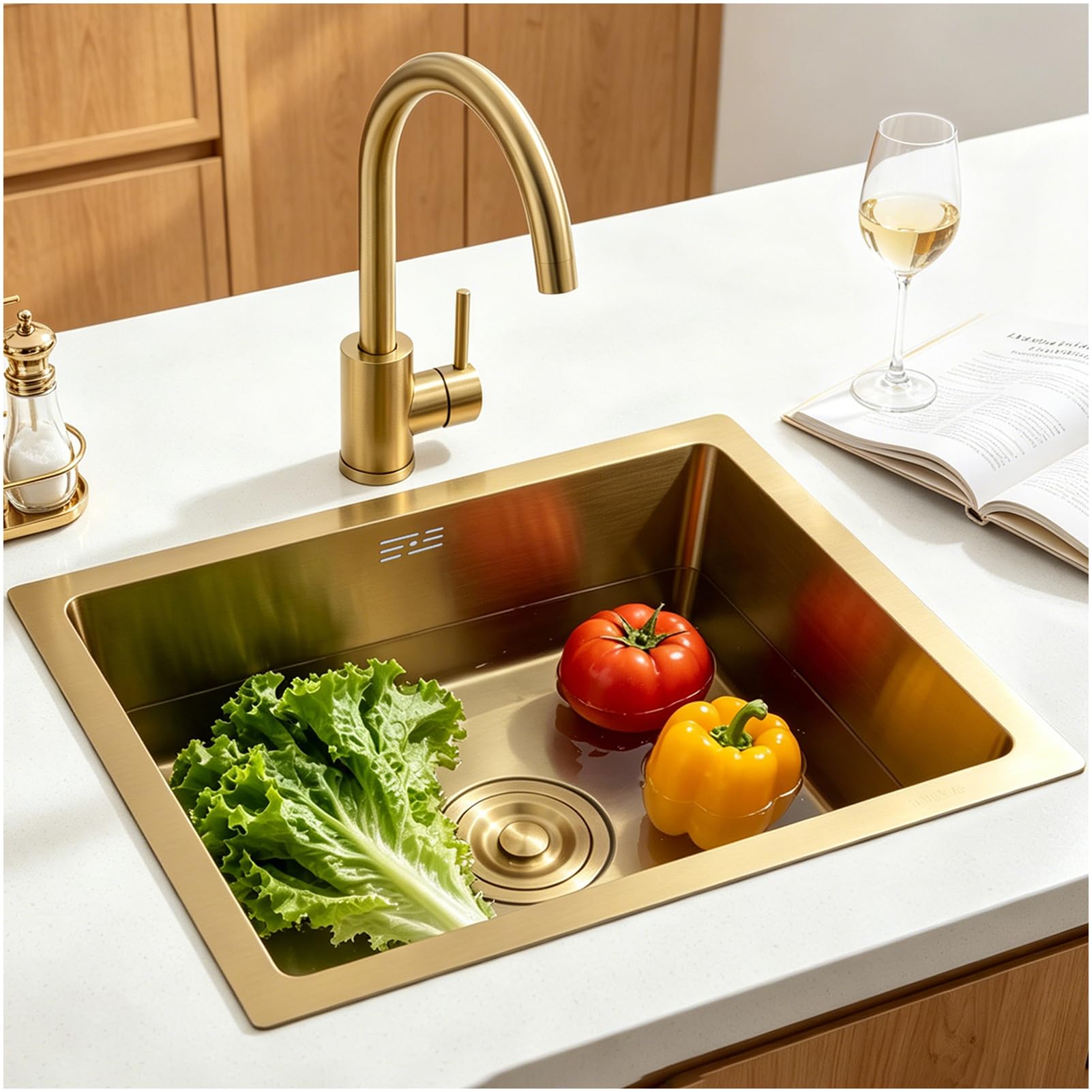 Gold mini bar sink 75 x 45 cm, gold plate for small kitchen, gold sink for bar, small bar sink under worktop, stainless steel with siphon, filter, waste and dispenser — image 1