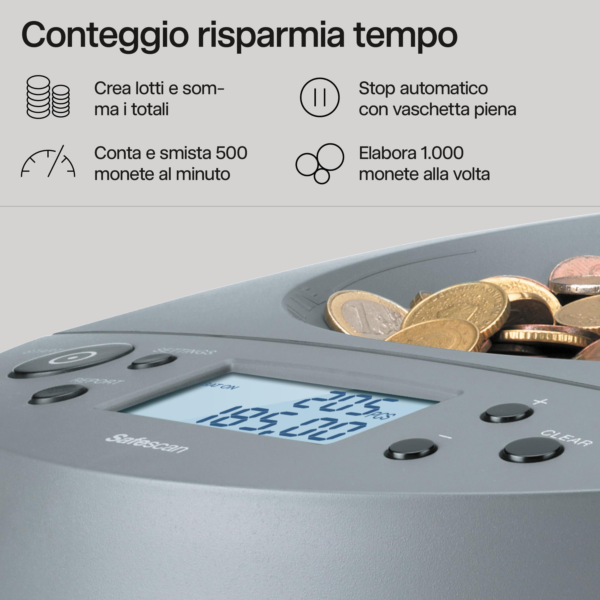 Safescan 1450 Contamonete che conta e smista velocemente grandi volumi di monete miste in euro - Contamonete che smista le monete per taglio - Contamonete per il conteggio continuo delle monete