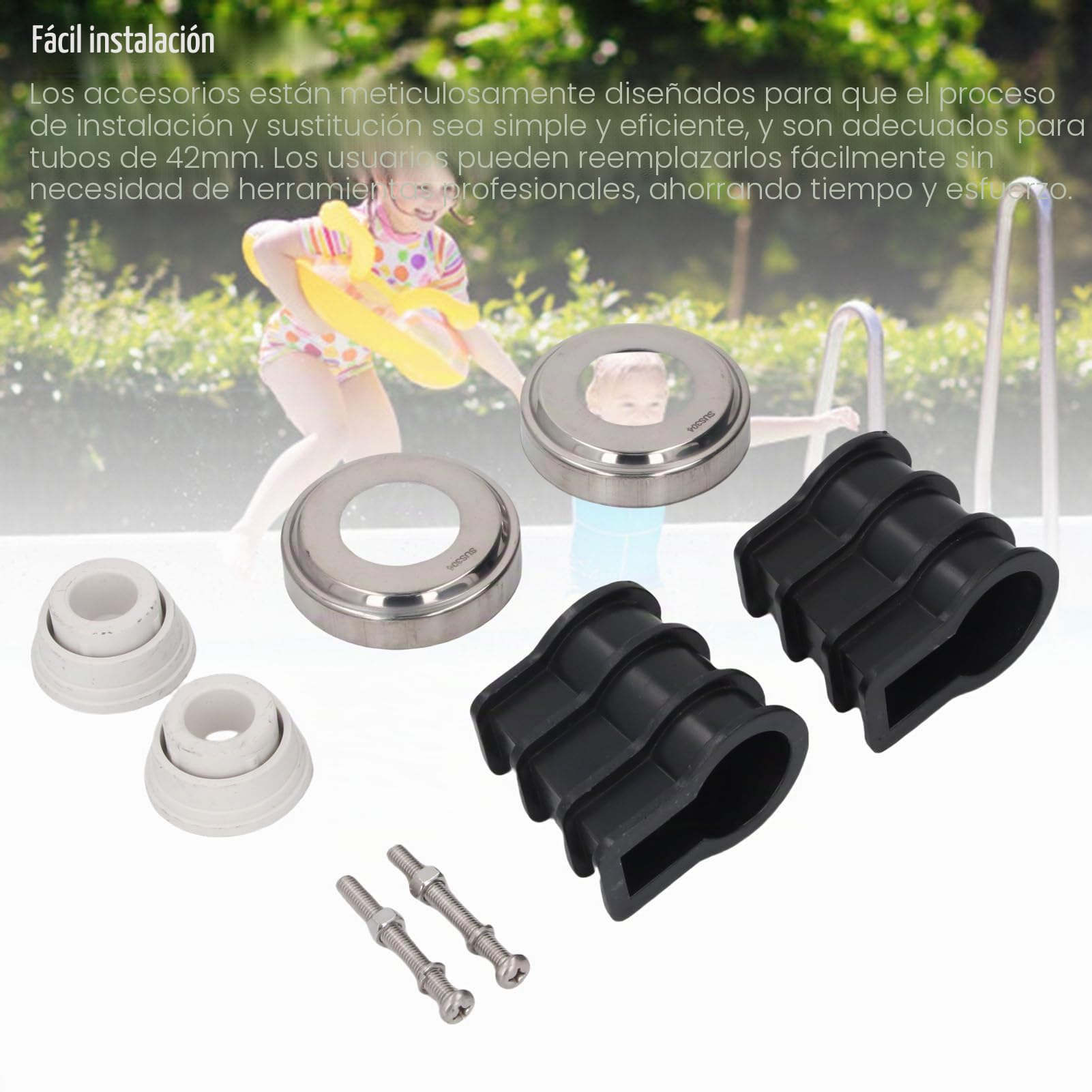 Haofy 8 Anclajes para Escaleras de Piscina, Kit de Fijación Segura de Pasamanos para Piscinas Enterradas con Tubo de 1,7 Pulgadas con Estabilidad Mejorada, Fácil Instalación y Juego Completo de