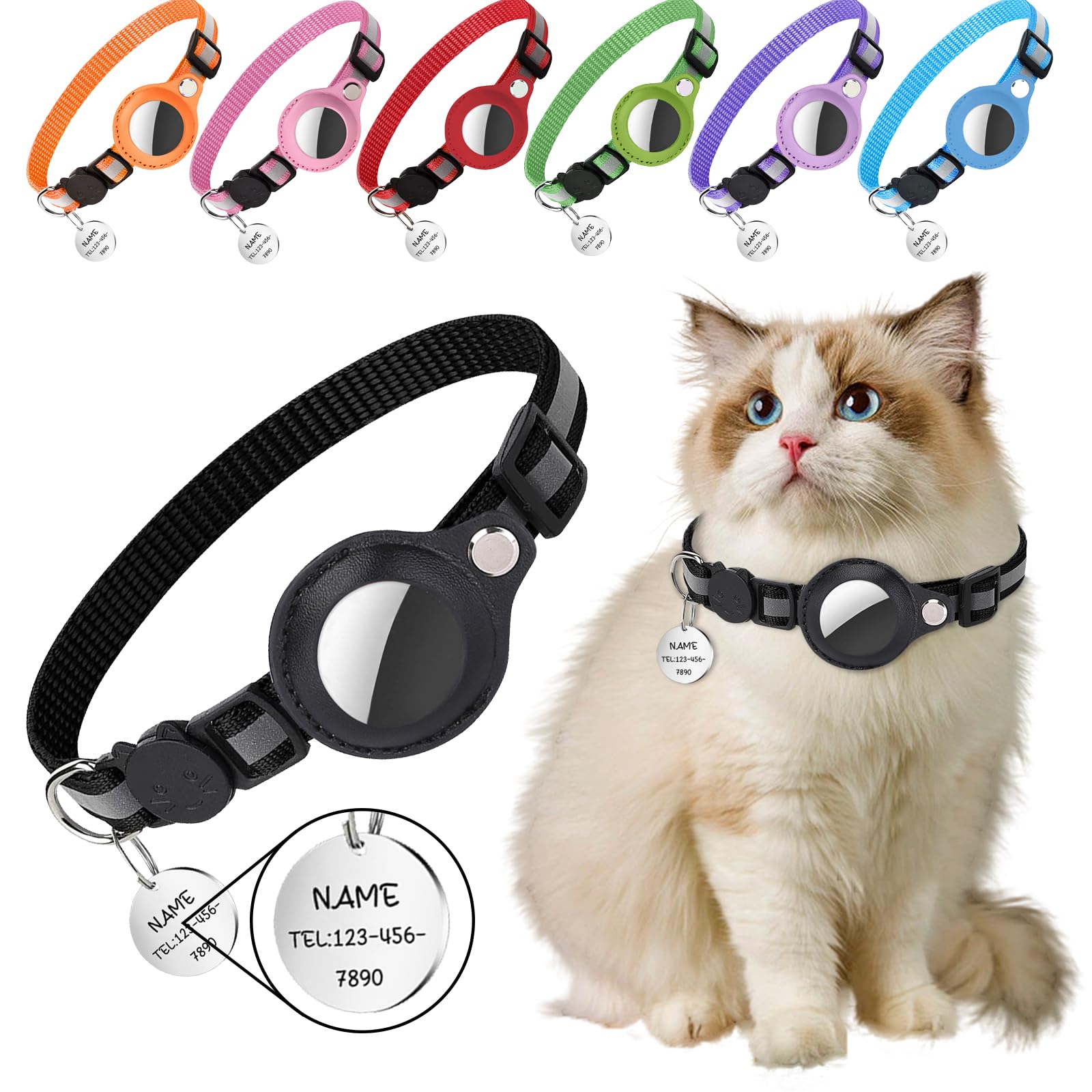 Collar GPS Personalizado Gato con Localizador y Etiquetas Informativas Metálicas - Reflectante, Ajustable (Negro)
