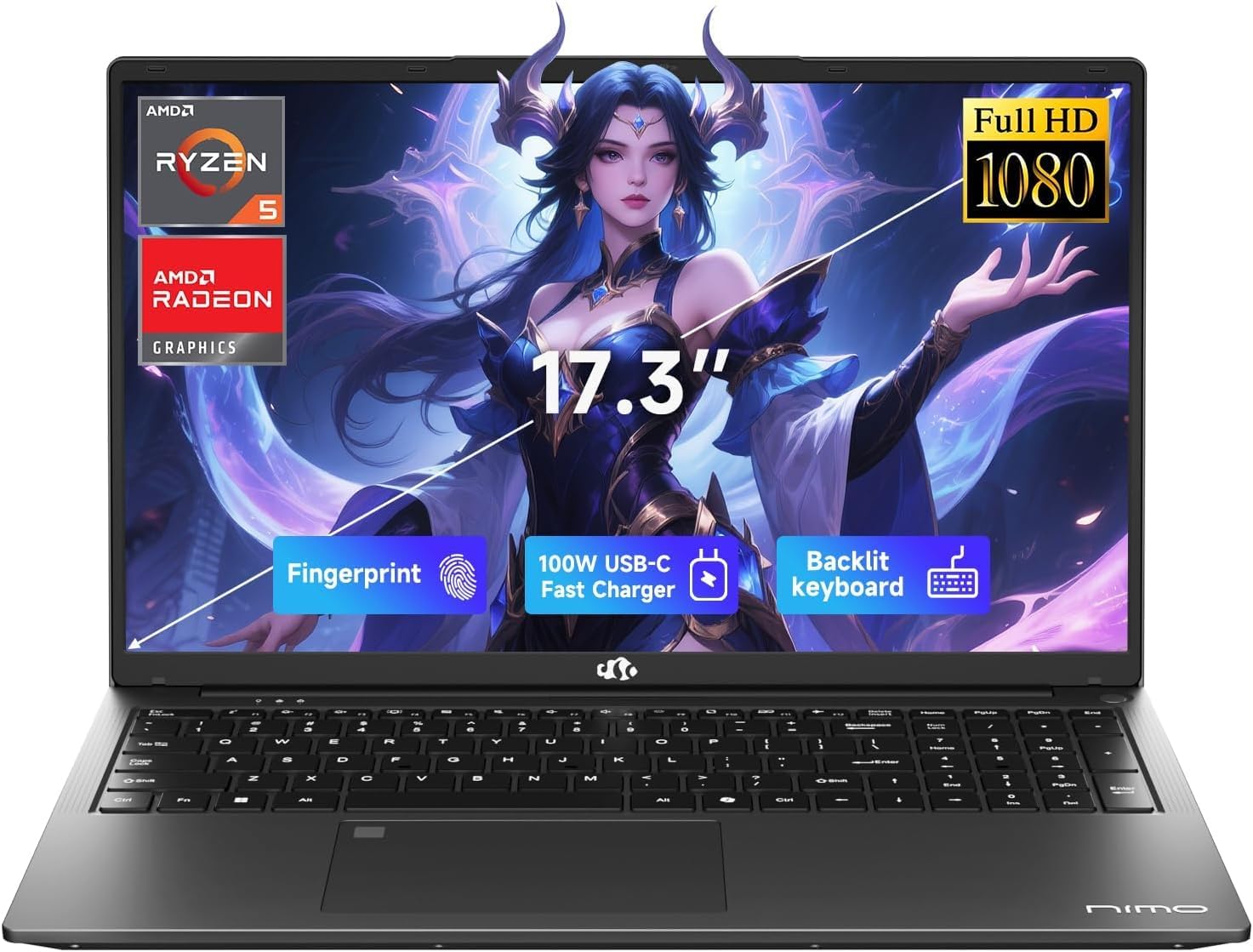 NIMO 17.3" FHD Gaming Laptop, AMD Ryzen 5 6600H (Beat i7-1165G7, up to 4.5GHz) 16GB DDR5 RAM 1TB SSD, Radeon 660M Graphics for Laptop Gamer with 100W PD Fast Charing Backlit Keyboard Fingerprint