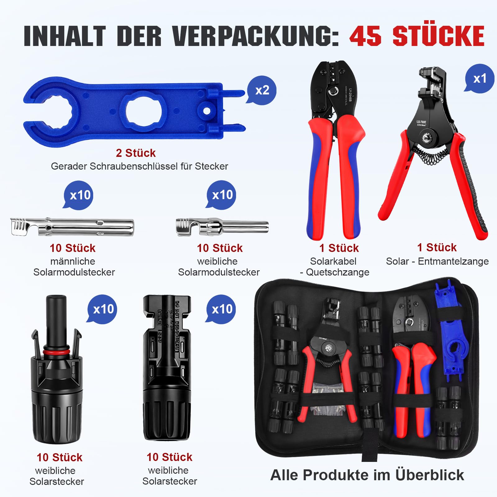 Solar Crimpzange für 2.5/4/6 mm² Solarpanel Solarkabel, 10 Paar Männlich Weiblich Solarstecker, 1 Stk Crimpzange, 1 Abisolierzange und 2 Stk Schraubenschlüssel