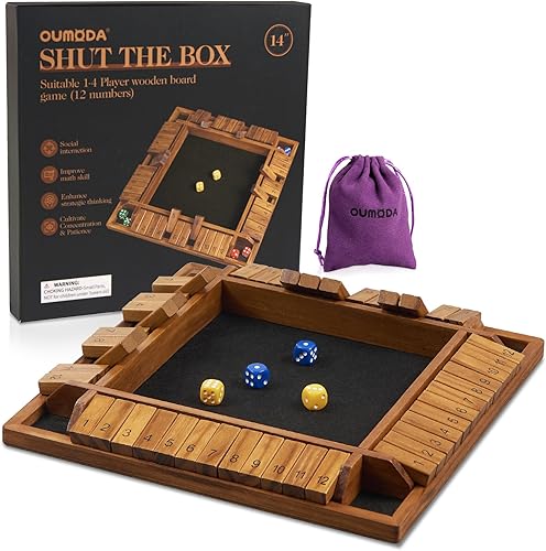 Miniatura 6 de Juego de dados Shut The Box de 14 pulgadas para 1 a 4 jugadores, juego de mesa de madera mejorado con 12 números, juego de matemáticas con 12 dados