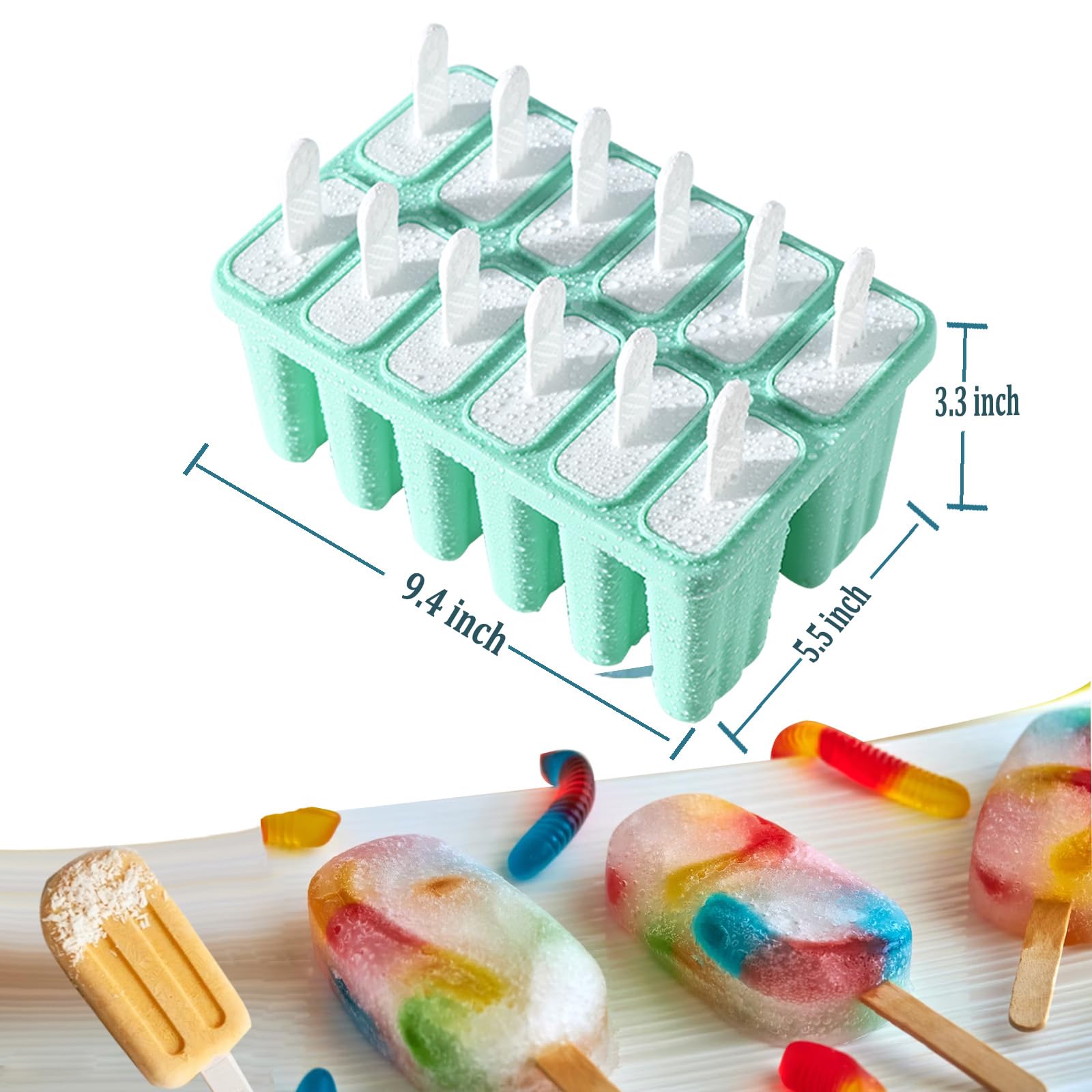Moldes de silicona para paletas con palitos Wpunwen de 12 cavidades, moldes de helado con cepillo de limpieza, 12 palos reutilizables, 50 palitos, 50 bolsas, color verde