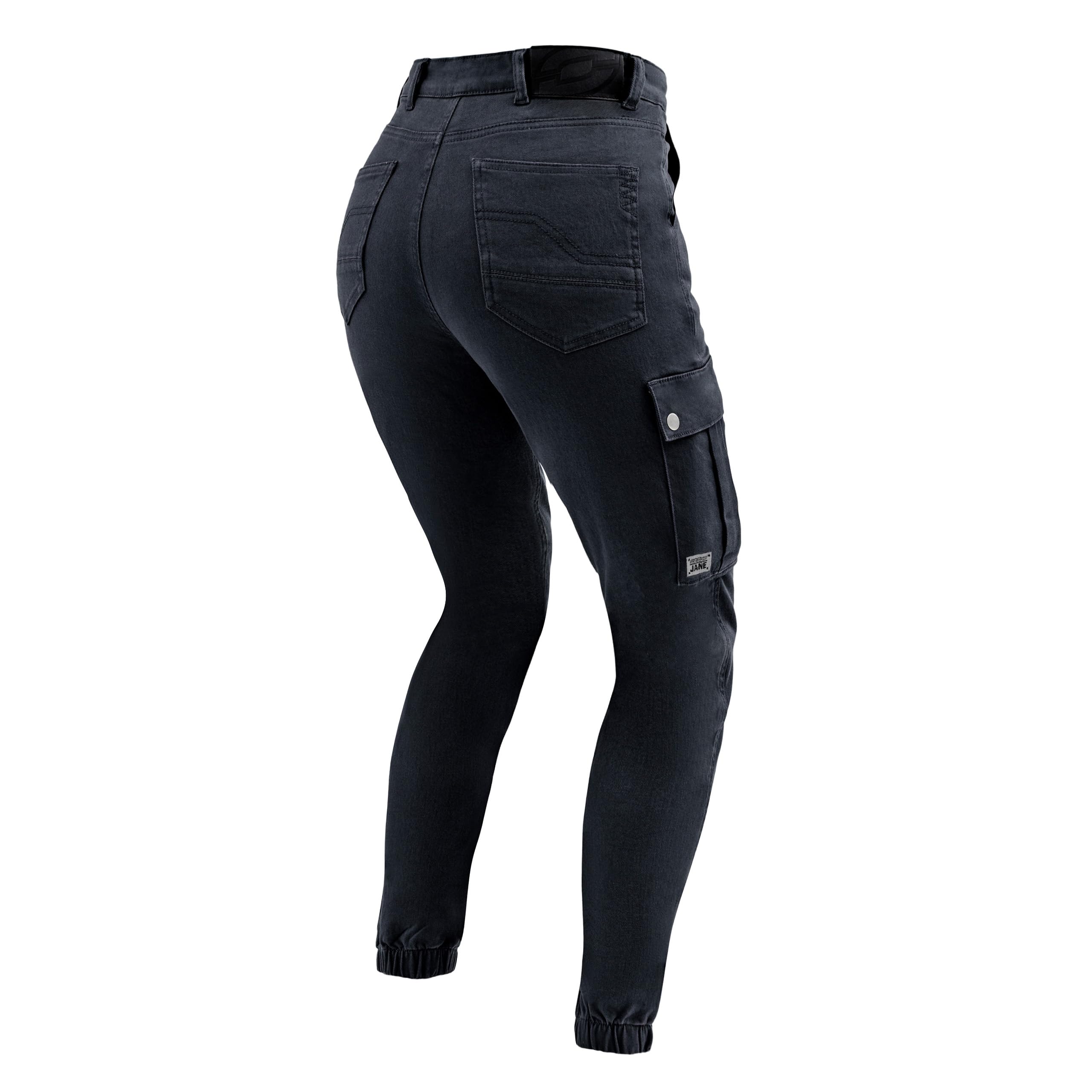 OZONE MOTO Jane Lady Motorradjeans Damen | Aramidfaser Futter | Knieprotektoren Stufe 2 | Taschen für Hüft und Steißbeinprotektoren | Cargotasche | Jogger Fit