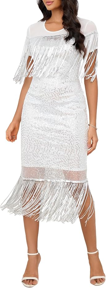 VERWIN Womens Fringe Sequins Short Sleeve Tassels Maxi Dress for Prom, Party, and Cocktail
