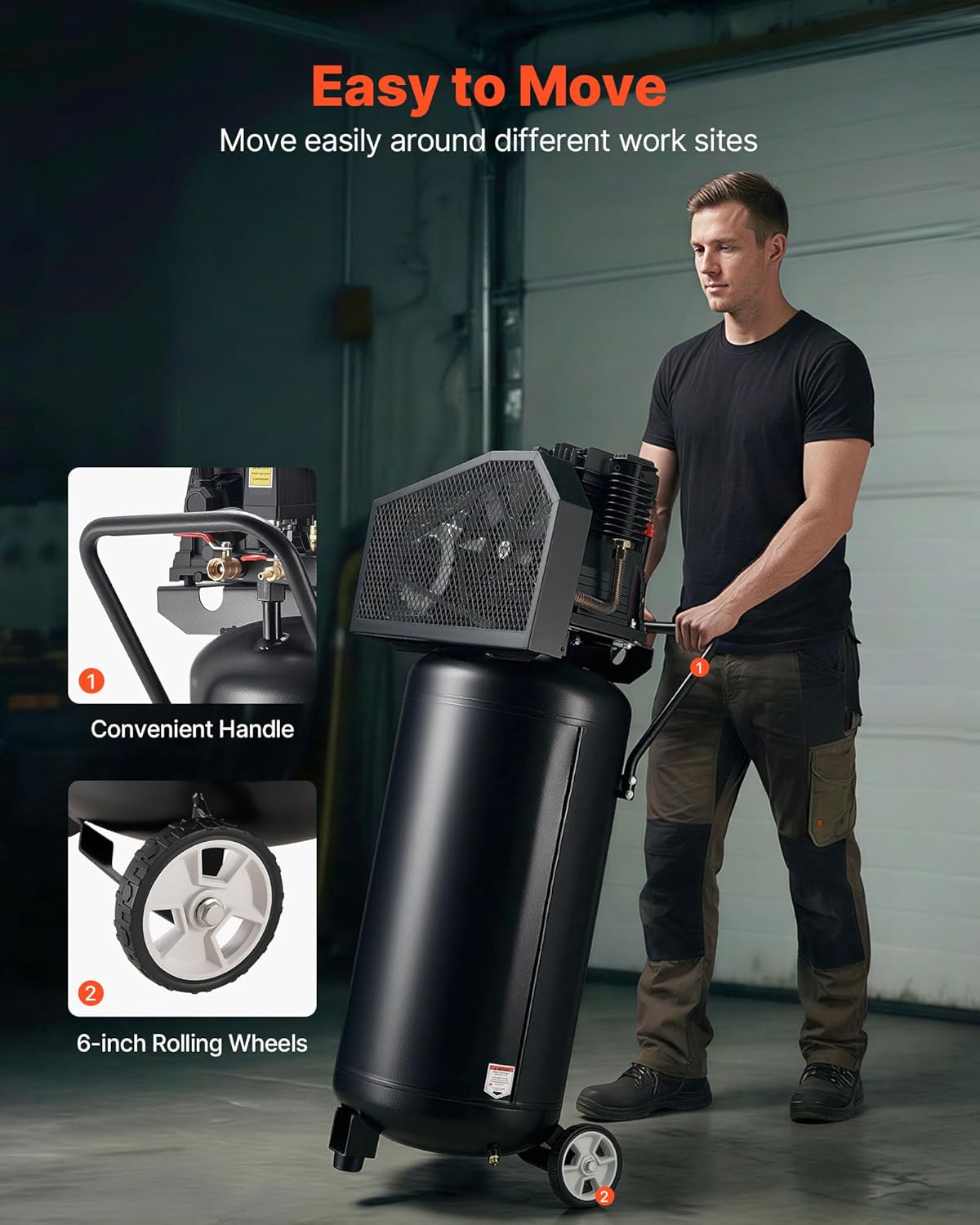 VEVOR 30-Gallon Air Compressor, 2HP 5.3SCFM at 90PSI, Max 125PSI Pressure Oil-Lubricated Air Compressor Tank, Portable on Wheels for Auto Repair, Tire Inflation, Spray Painting, Woodwork Nailing, 120V